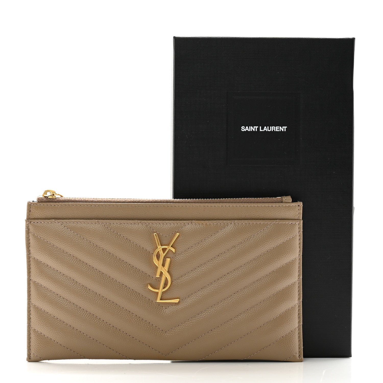 Saint Laurent Grain De Poudre Chevron Monogram Bill Pouch Dusty Grey 11 of 11