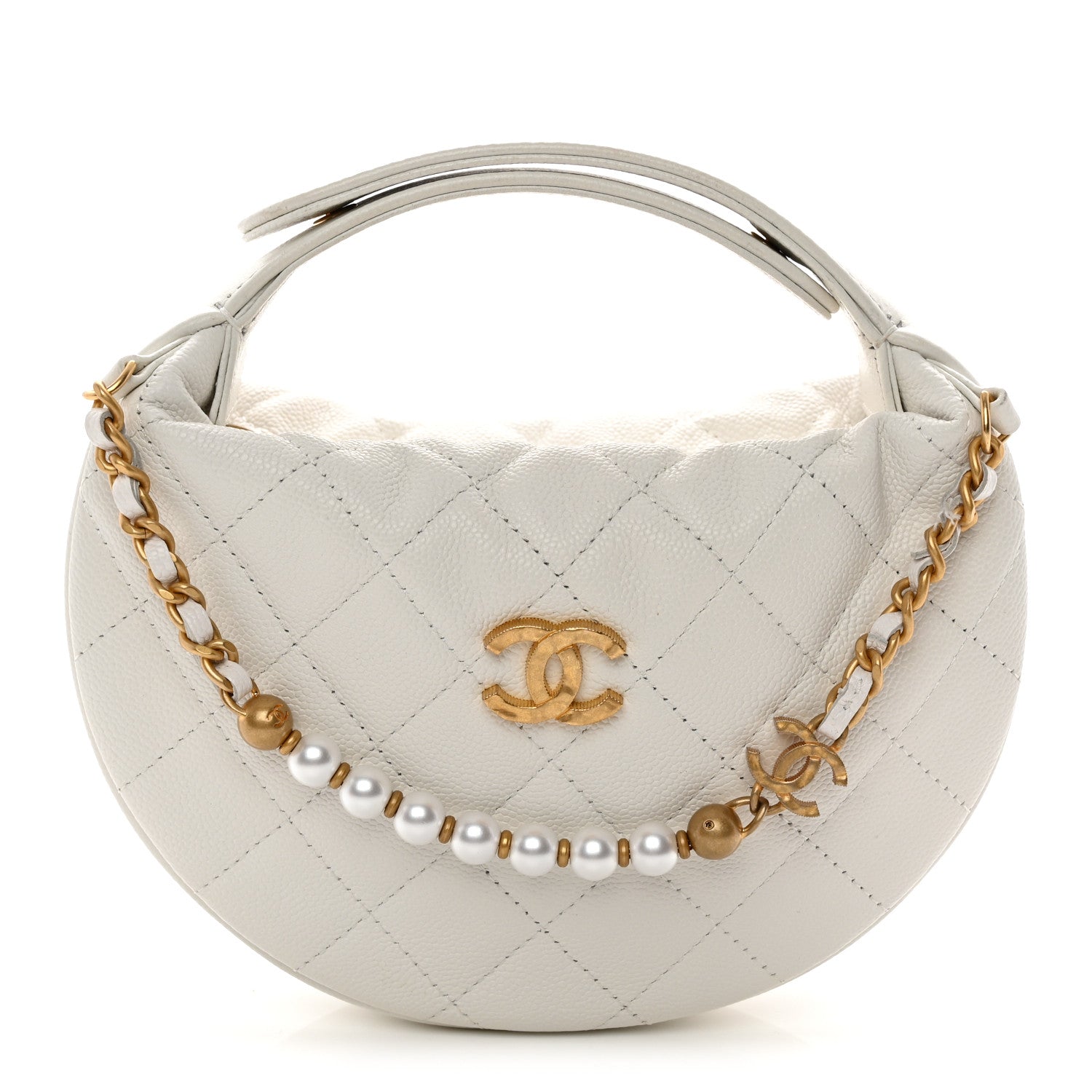 Chanel Caviar Quilted Pearl Chain Pouch Hobo White 1889994