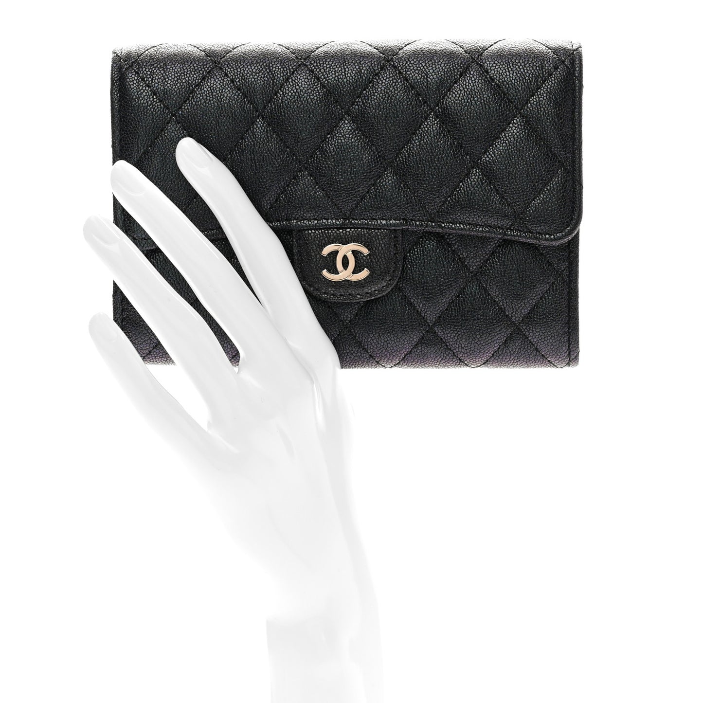 Iridescent Caviar Quilted Medium Flap Wallet Black