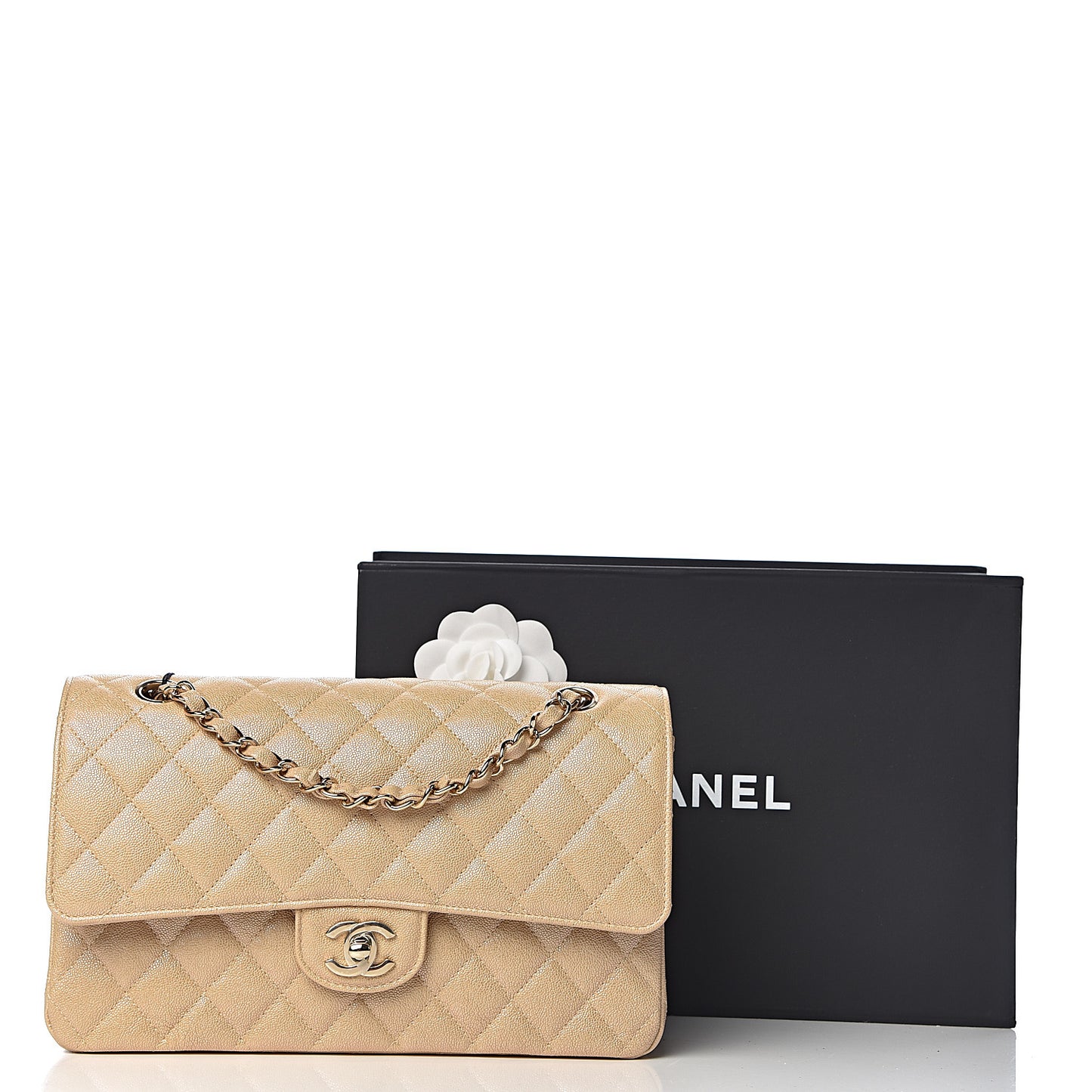 Iridescent Caviar Quilted Medium Double Flap Beige
