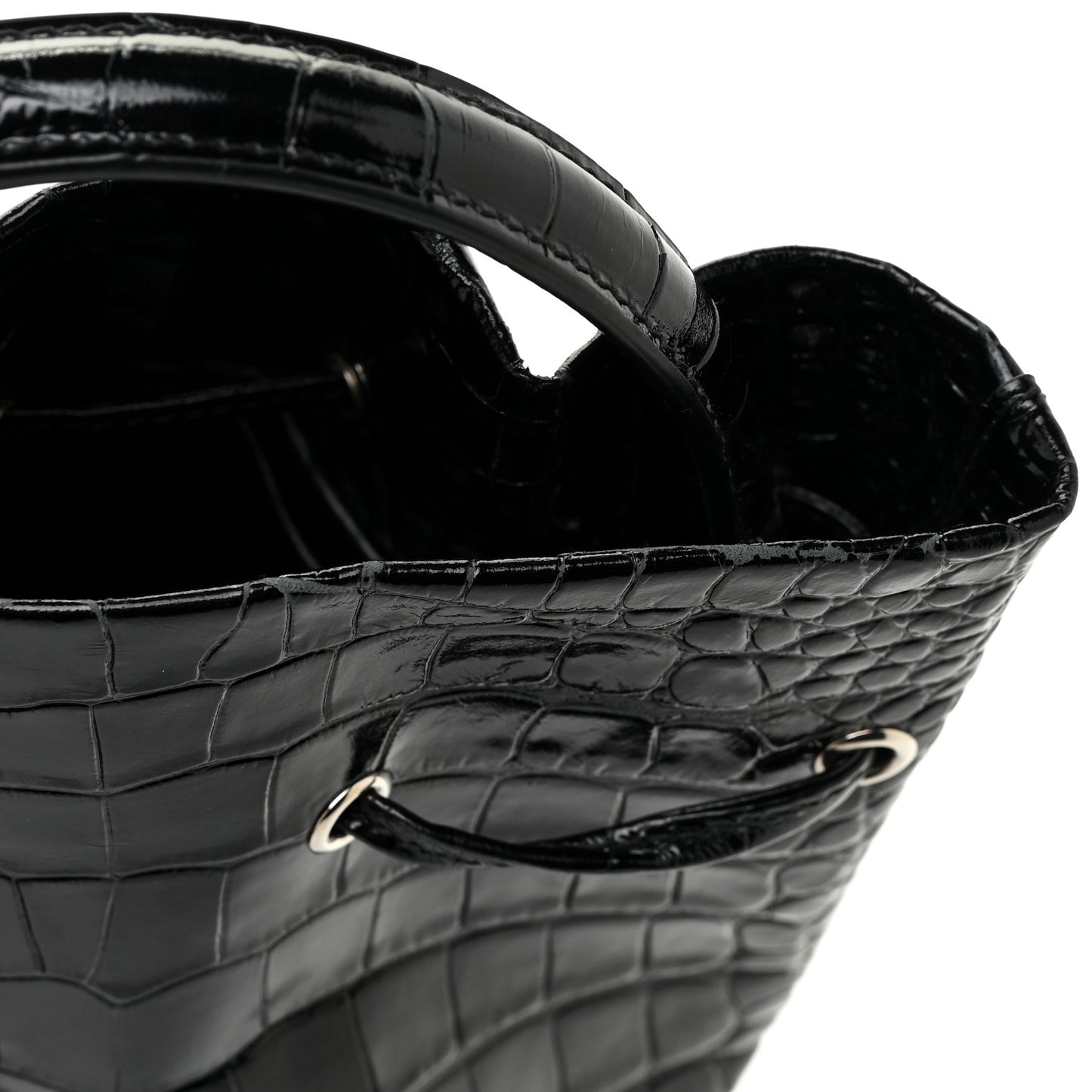 Shiny Calfskin Logo Crocodile Embossed XS Everyday Bucket Bag Black