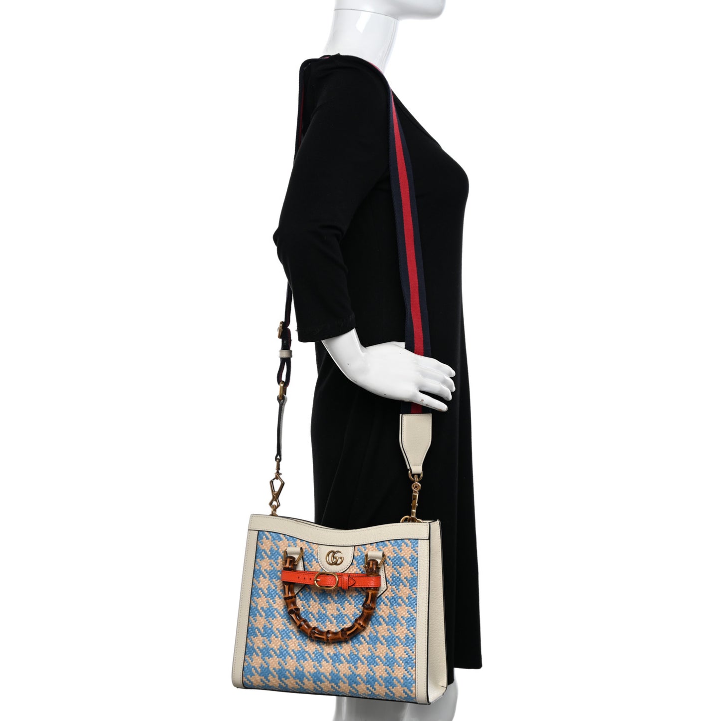 Raffia Textured Dollar Calfskin Web Houndstooth Small Diana Tote Bag Light Blue Natural Deep Orange