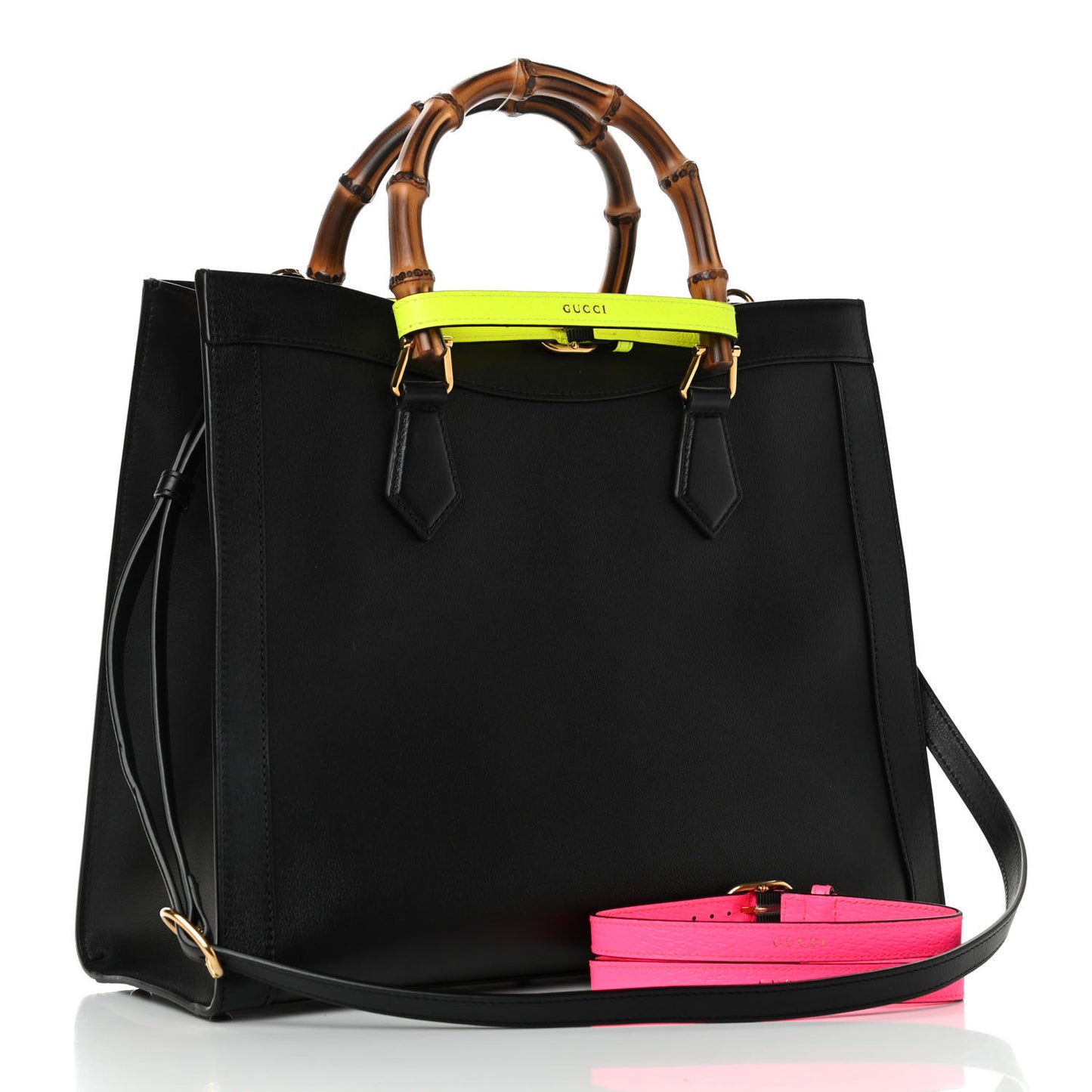 Calfskin Medium Diana Tote Bag Black Yellow Fluo