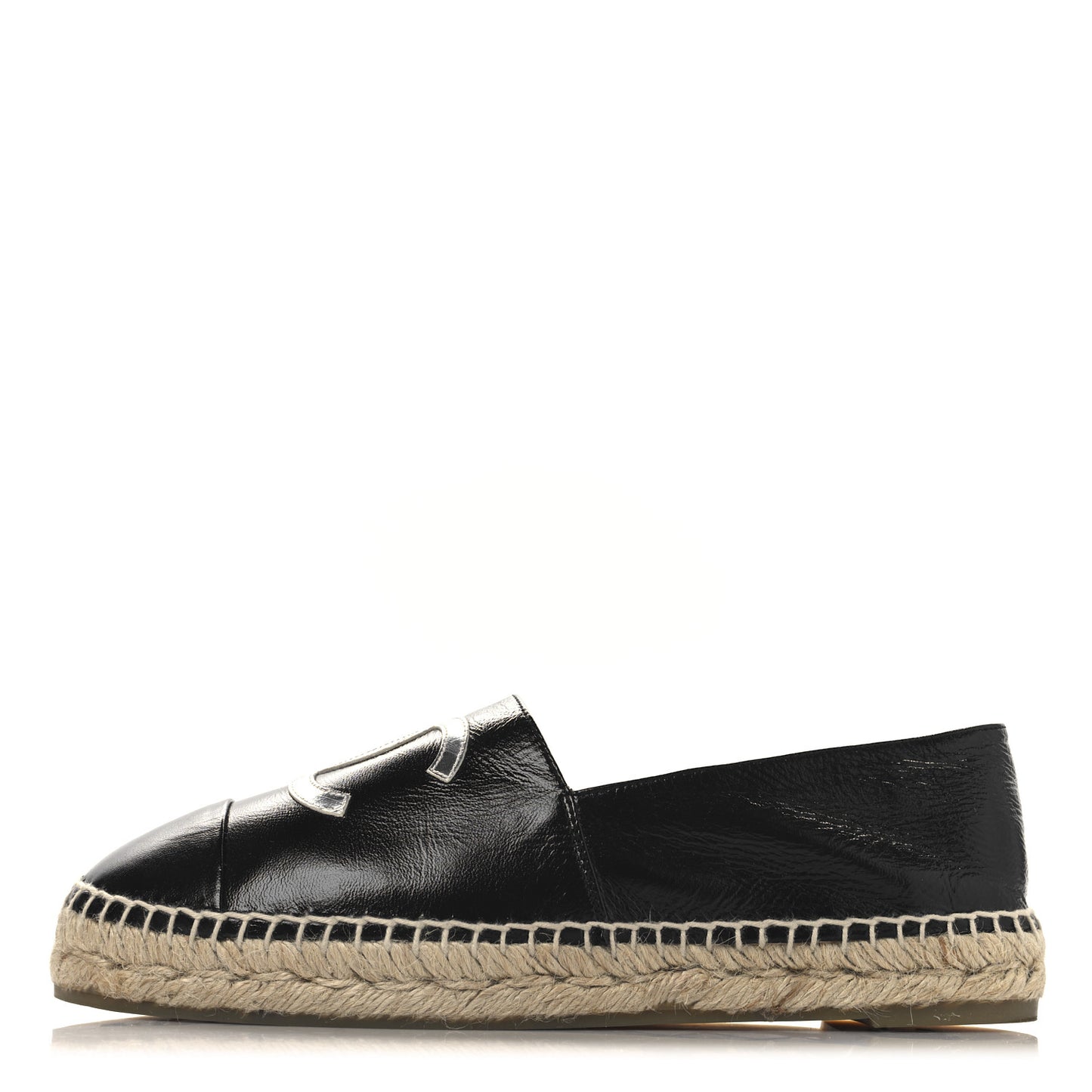 Patent Calfskin Metallic Goatskin CC Espadrilles 40 Black Silver