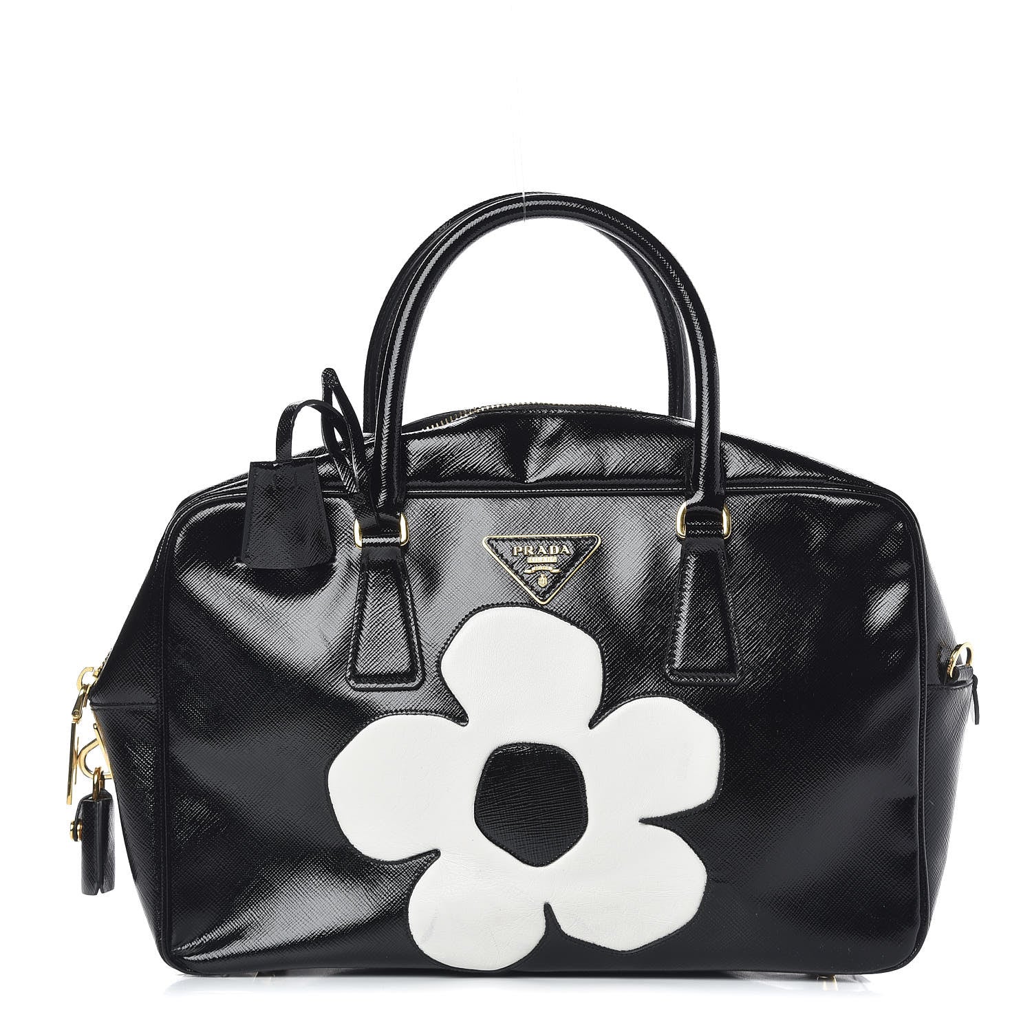 Prada Saffiano Vernice Floral Bauletto Bag Black 492837