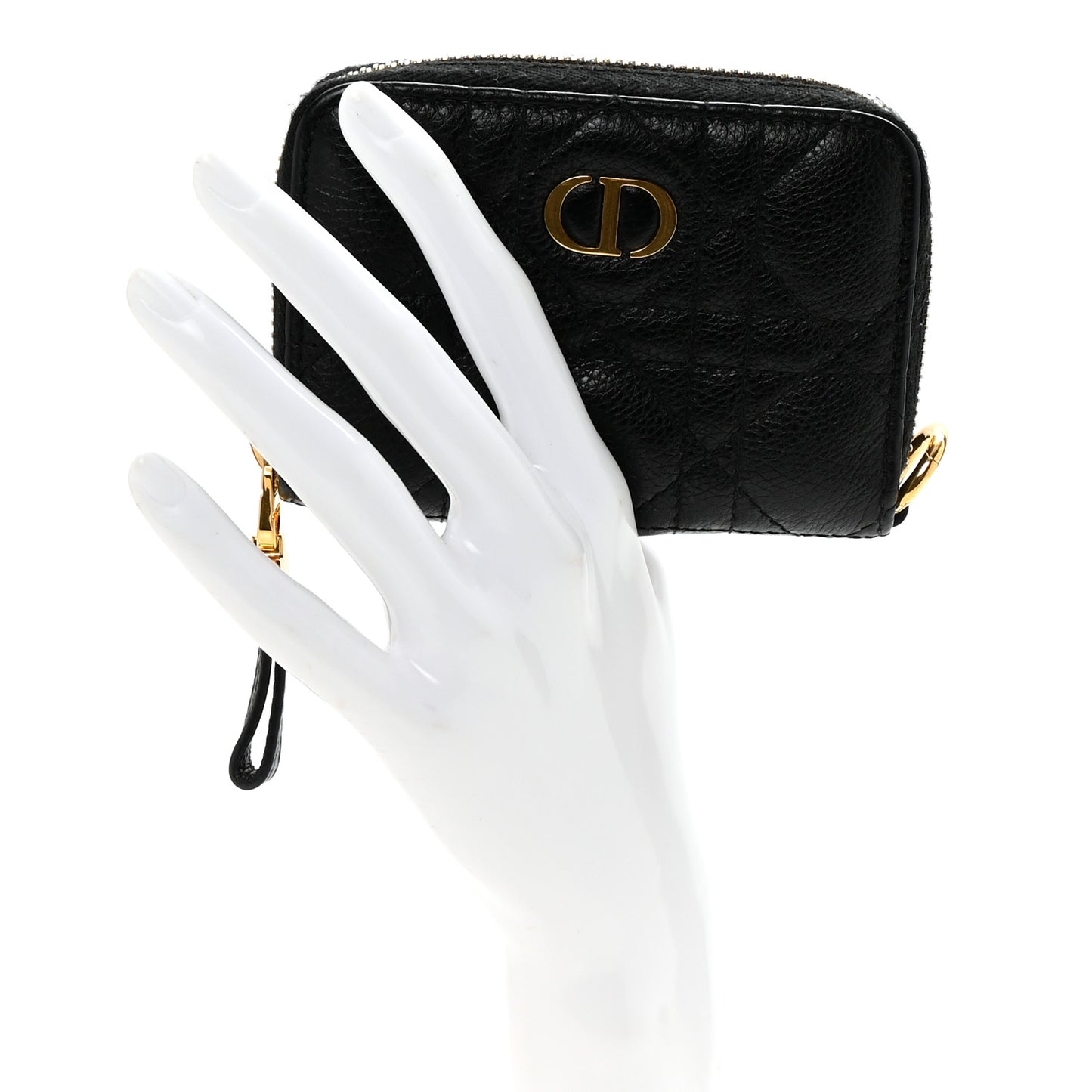 Grained Calfskin Supple Cannage Caro Compact Zip Card Wallet Black