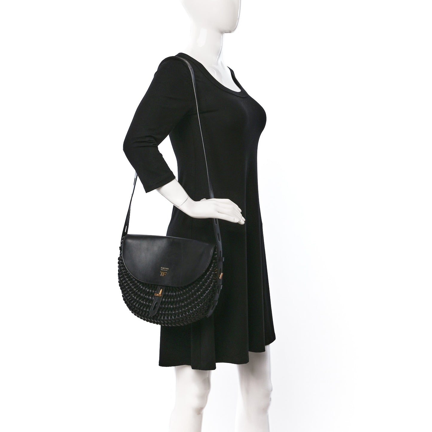 Calfskin Woven T-Twist Crossbody Black