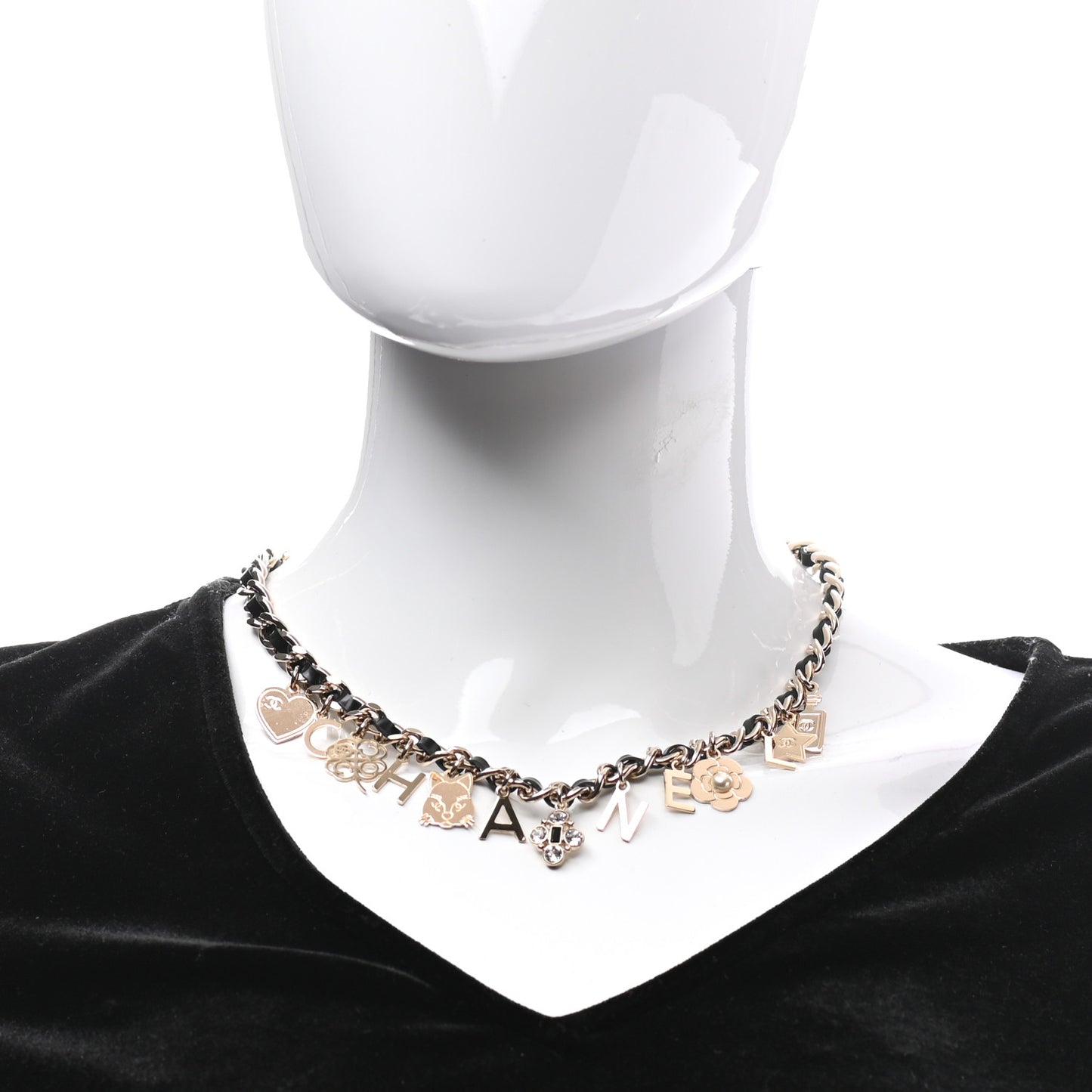 Lambskin Crystal CC Logo Charming Choker Gold Black