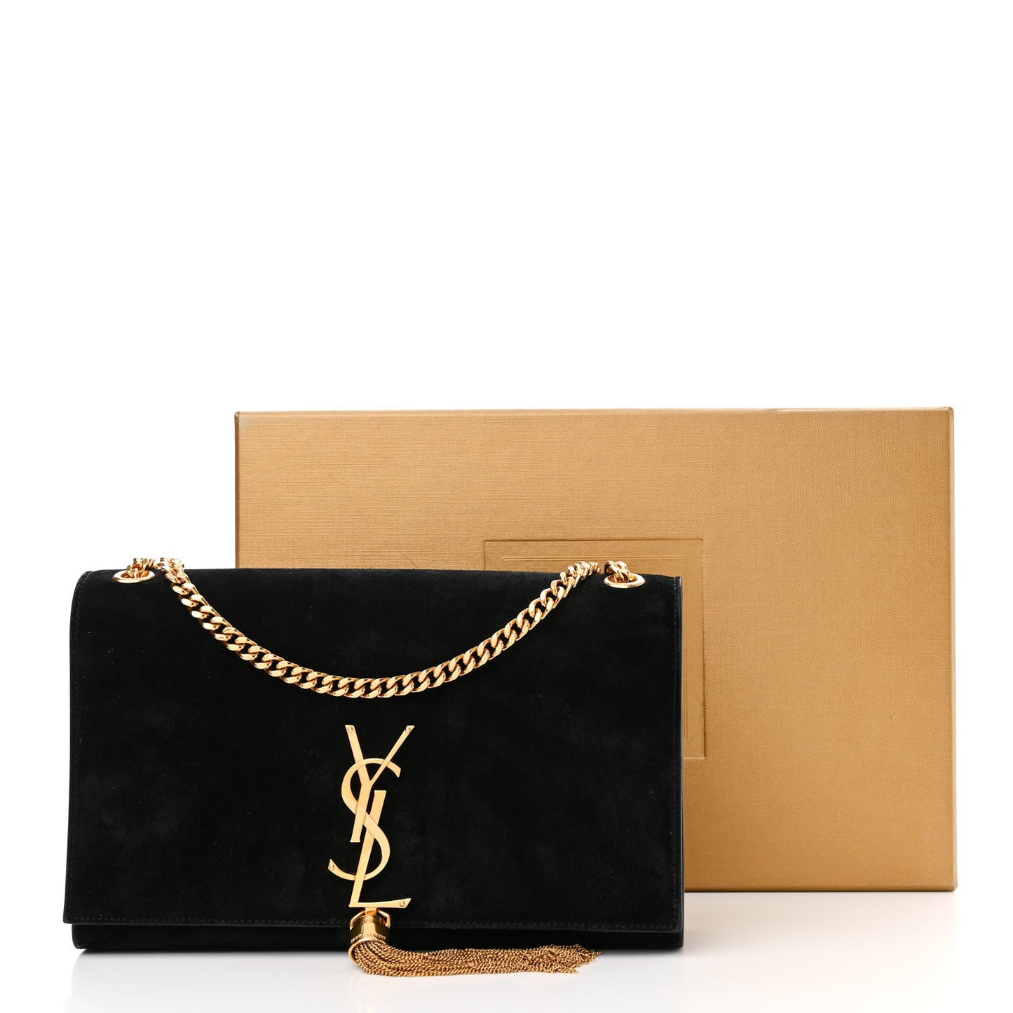 Suede Medium Classic Monogram Kate Tassel Satchel Black