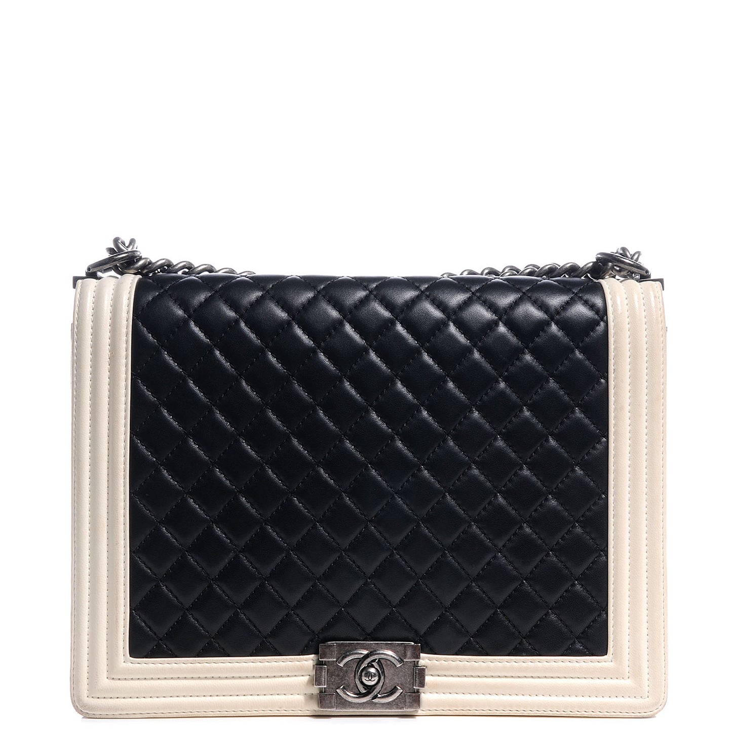 Lambskin Quilted Large Boy Flap Black White