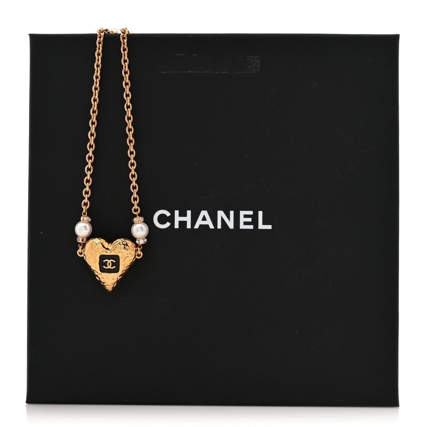 Resin Crystal Pearl Chain Heart CC Pendant Necklace Black White Gold