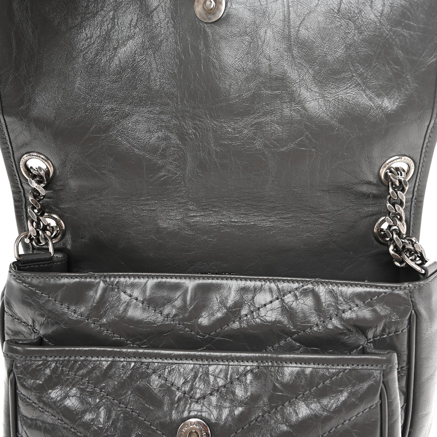 Crinkled Calfskin Matelasse Monogram Medium Niki Chain Satchel Fog
