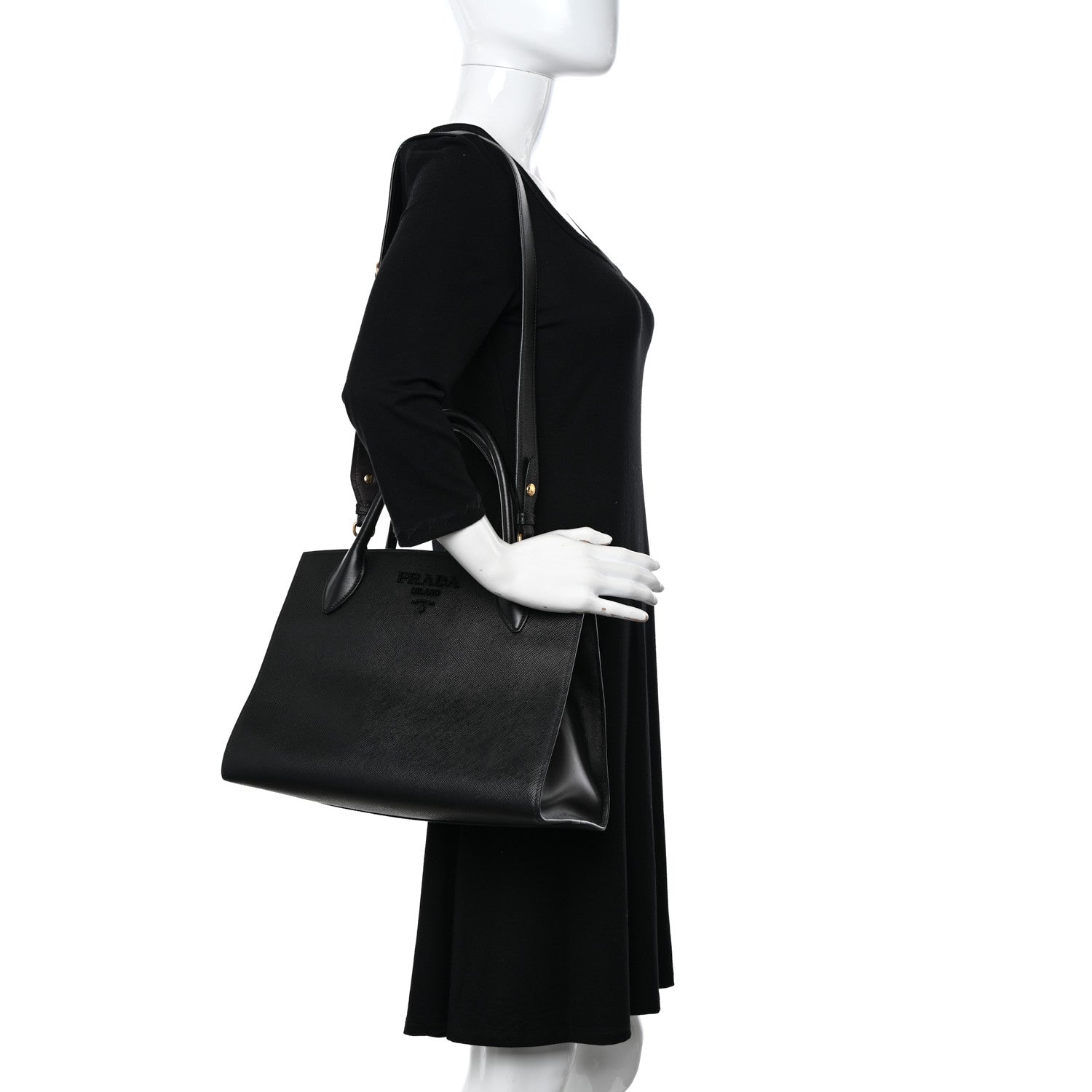 Prada Saffiano Cuir Calfskin Medium Monochrome Top Handle Tote Black 2 of 12