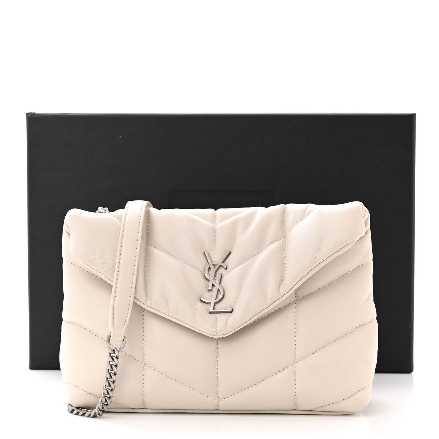 SAINT LAURENT Lambskin Quilted Toy Loulou Puffer Monogram Chain Satchel Crema Soft