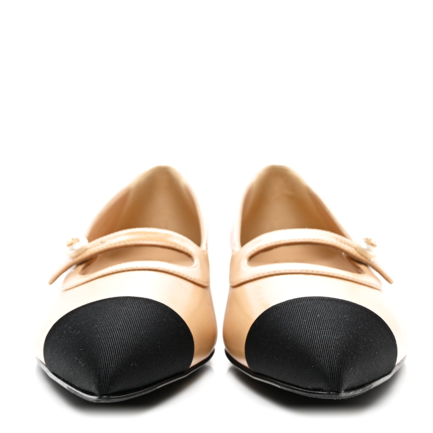 Lambskin Grosgrain Pointed Toe CC Ballet Flats 39 Beige Black
