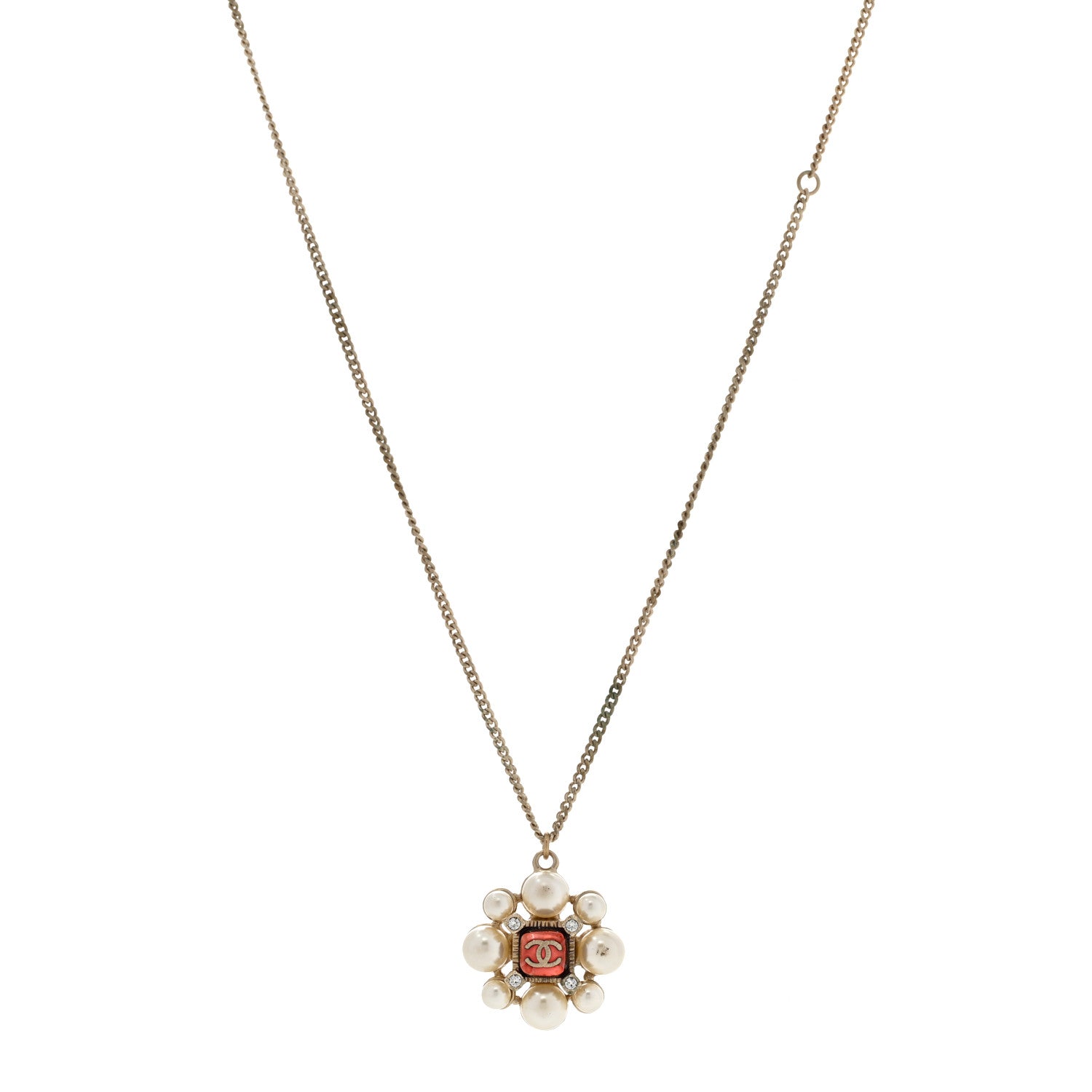 Chanel Gripoix Pearl Crystal CC Pendant Necklace Red Gold 1 of 10