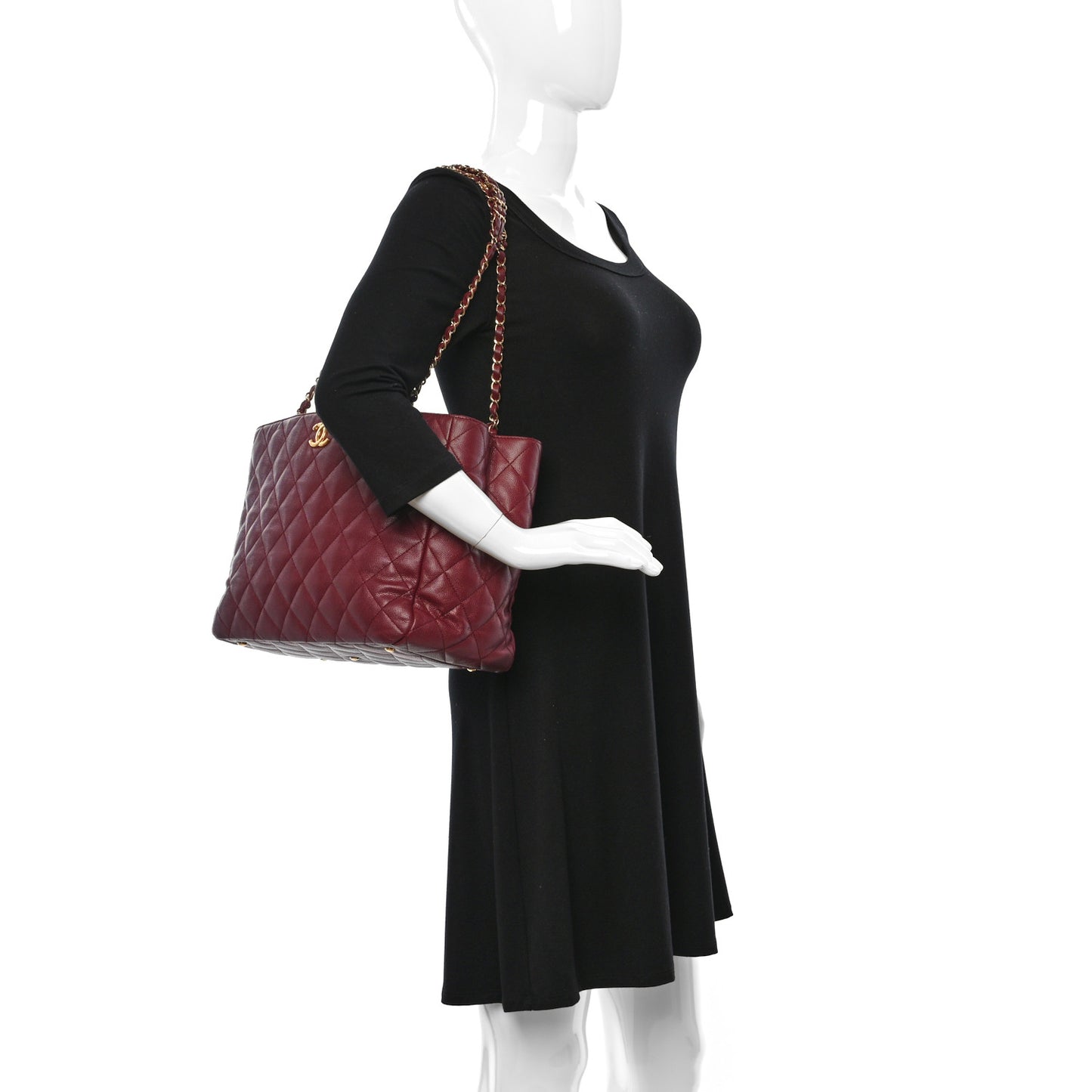 Caviar Quilted Shopping Tote Dark Burgundy