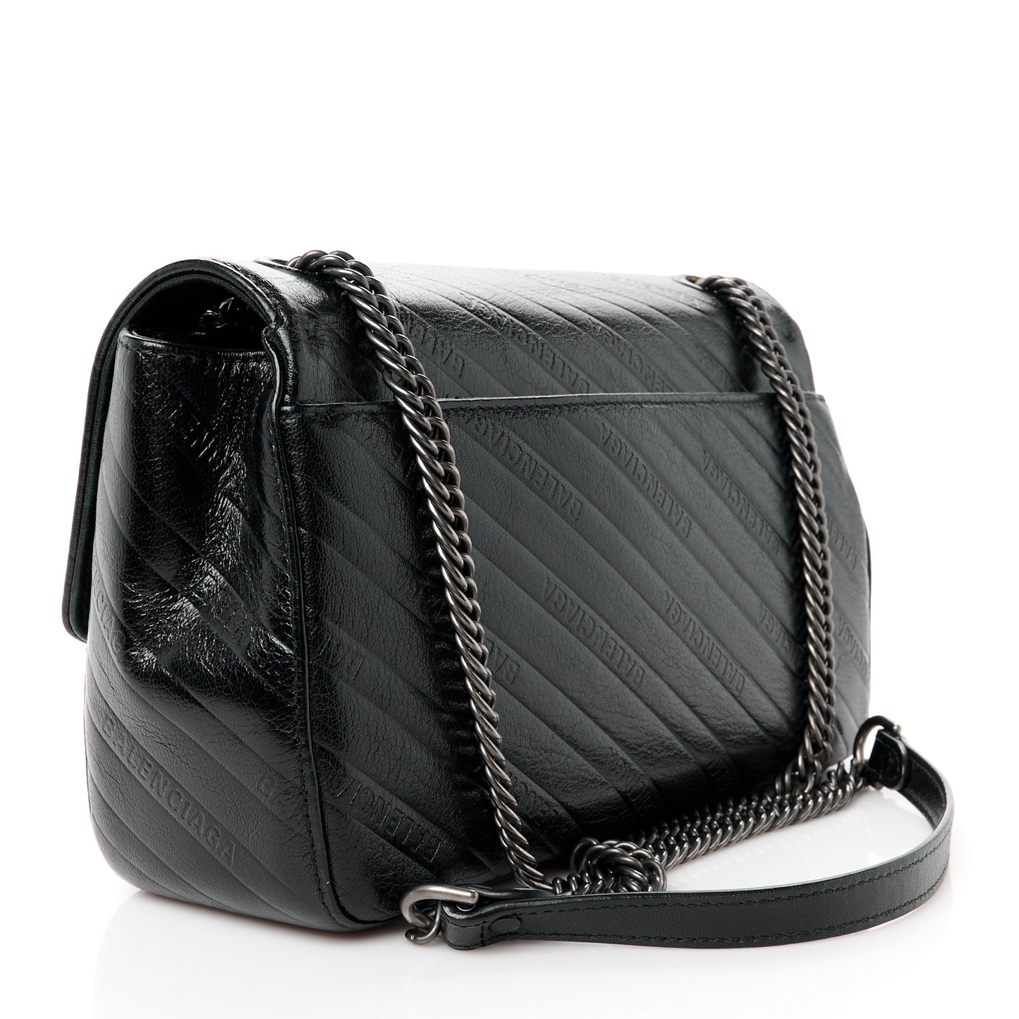 Shiny Goatksin Logo Embossed Monochrome M BB Round Shoulder Bag Black