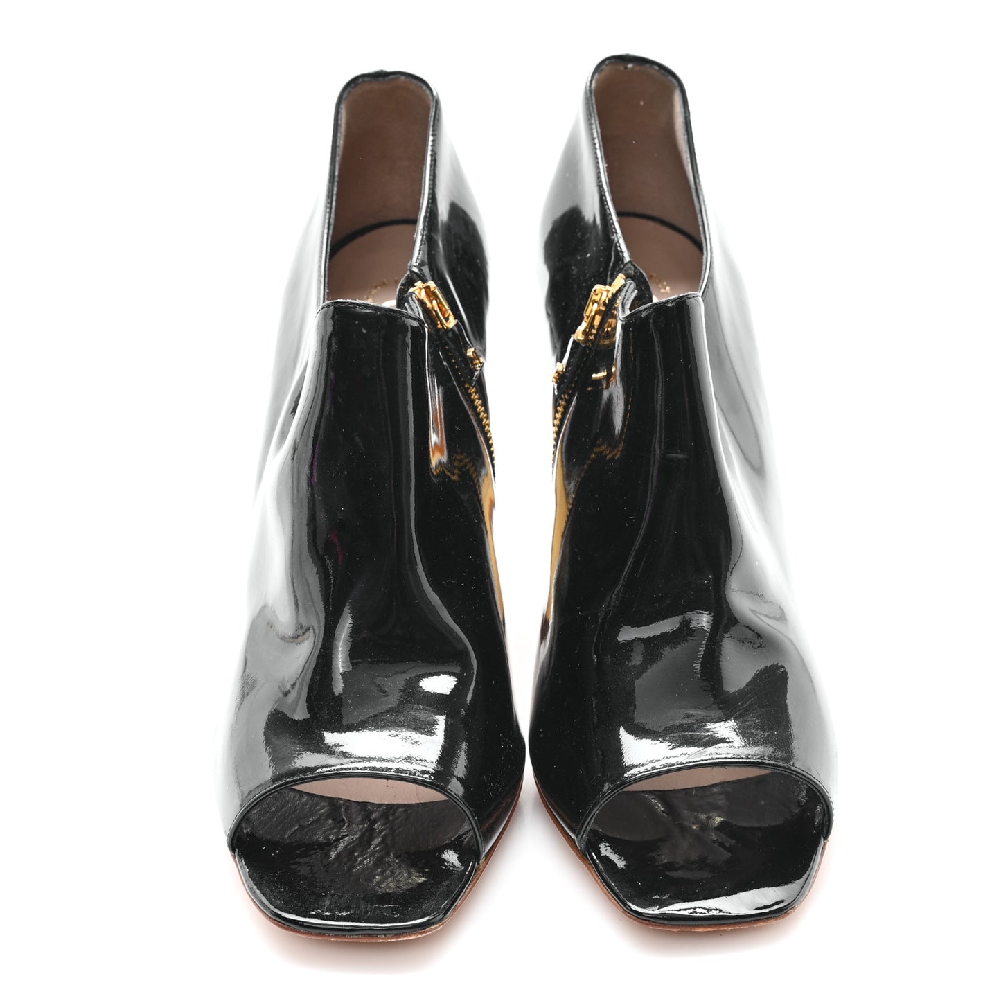 Patent Calfskin Peep Toe Short Ankle Boots 41 Black Gold