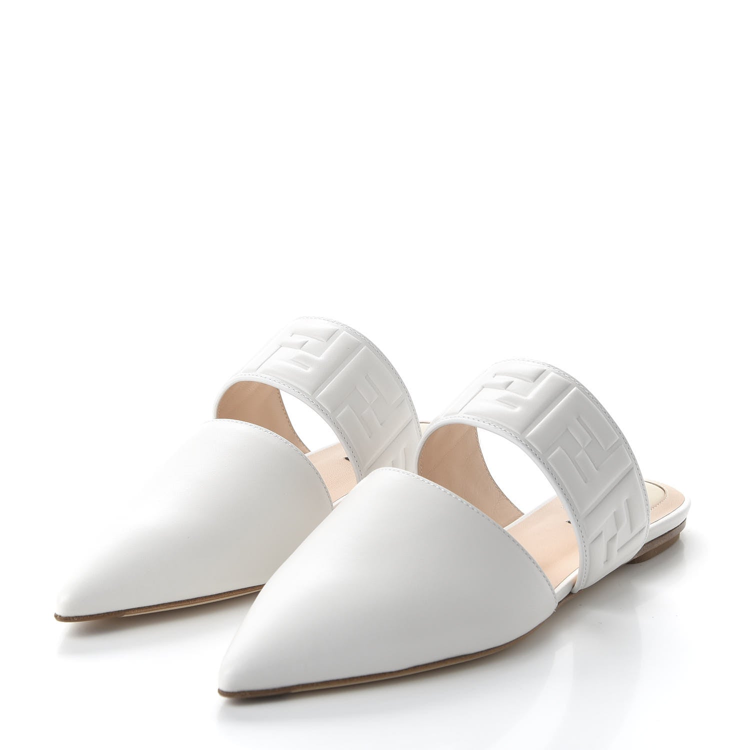 Fendi Vitello FF Embossed Buckle Flat Mules 37 Snow 3 of 8