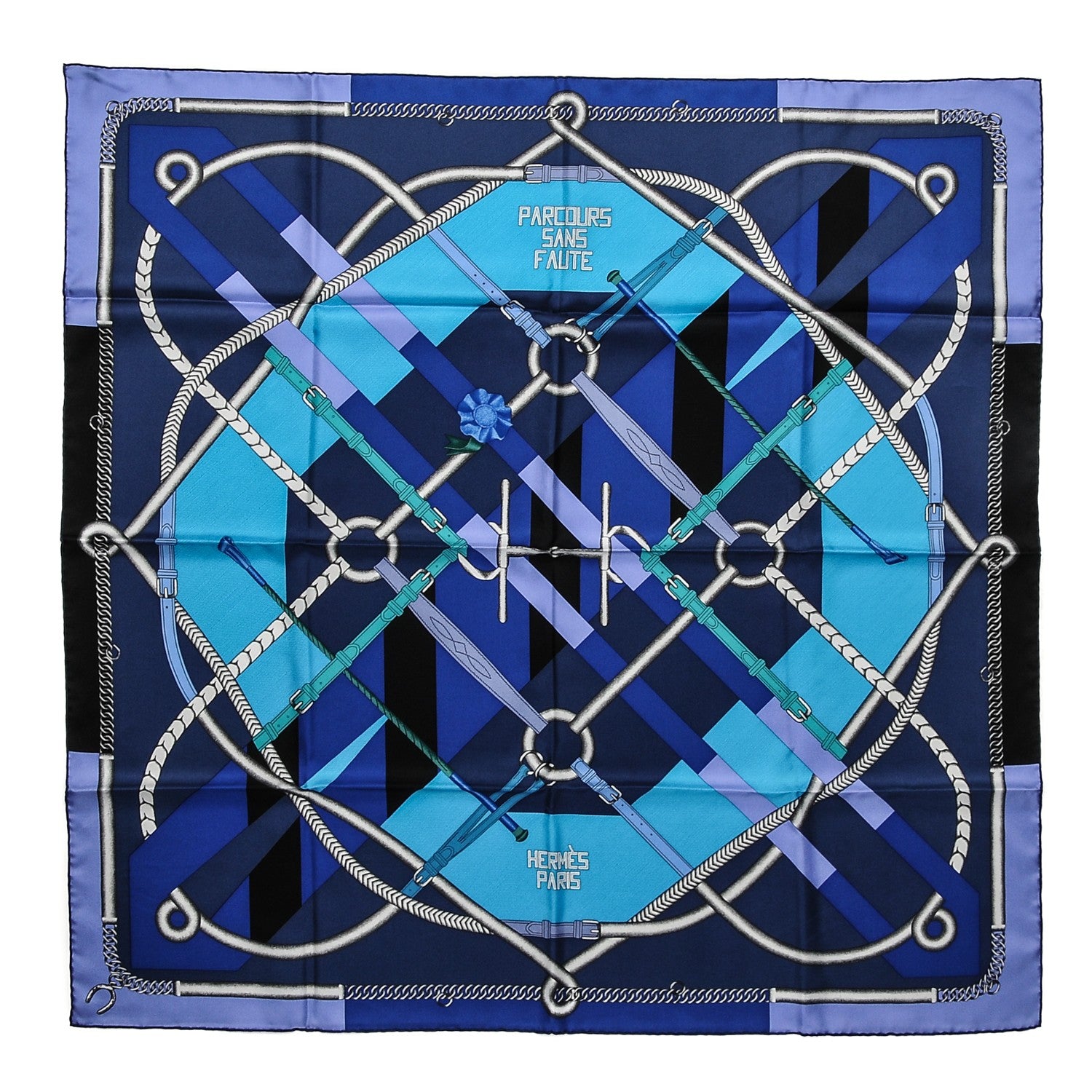 エルメス シルクスカーフPARCOURS SANS FAUTE カレ90 Hermes Silk Parcours Sans Faute Scarf 90 Ardoise Bleu Lagon Mauve