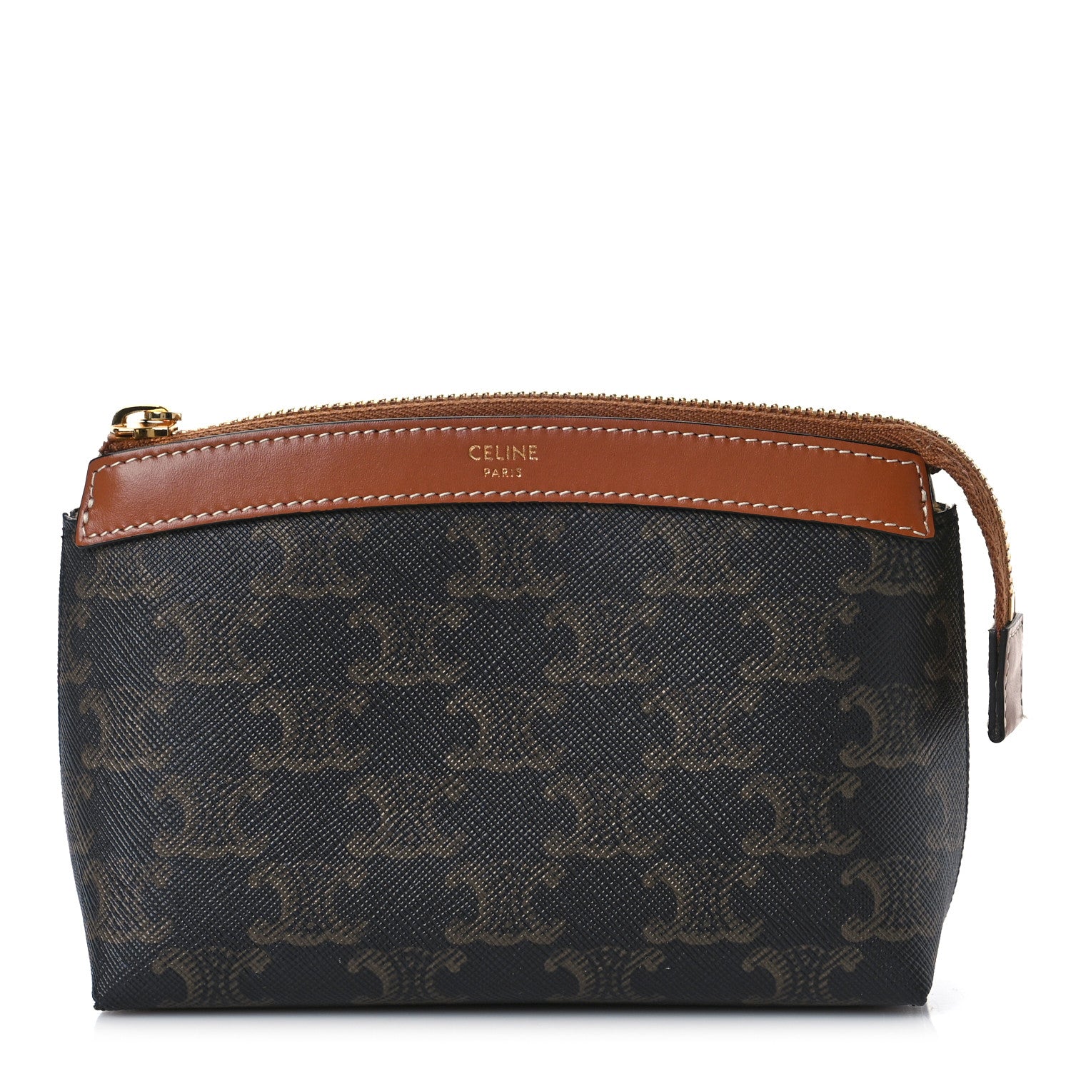 Celine Triomphe Canvas Calfskin Cosmetic Pouch Tan 1 of 7