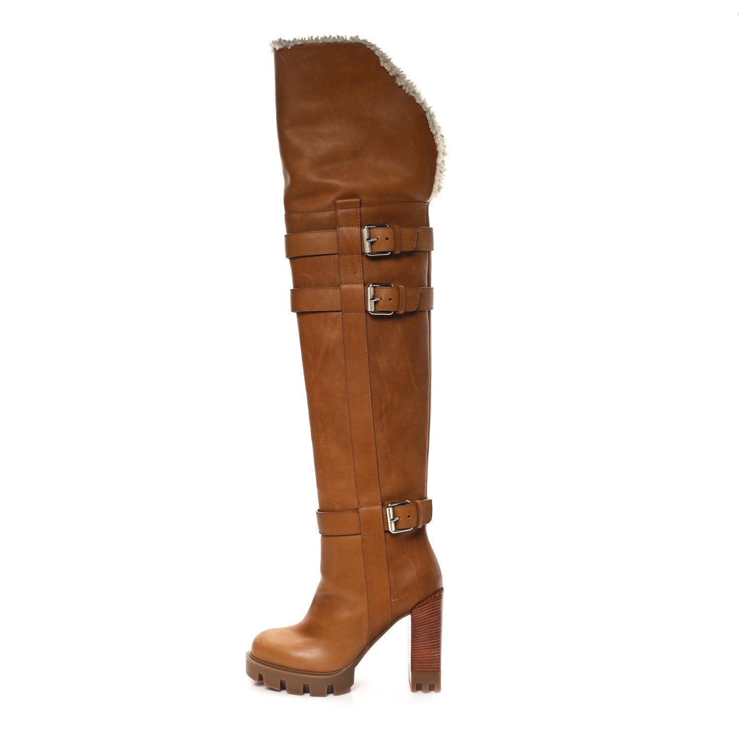 Christian Louboutin Calfskin Wax Shearling Brodeback Lug Over The Knee Boots 35.5 Terra Beige 1 of 8