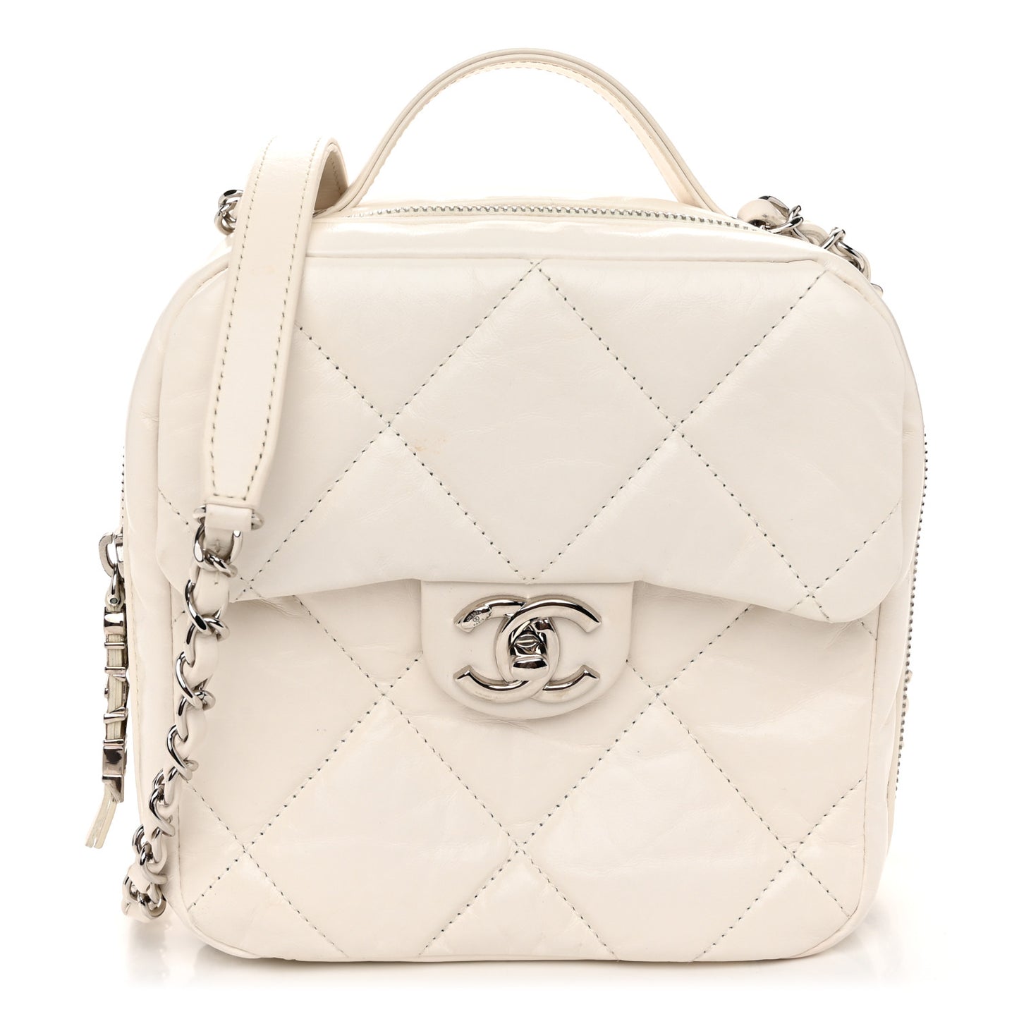 Aged Calfskin Quilted Top Handle Camera Case White