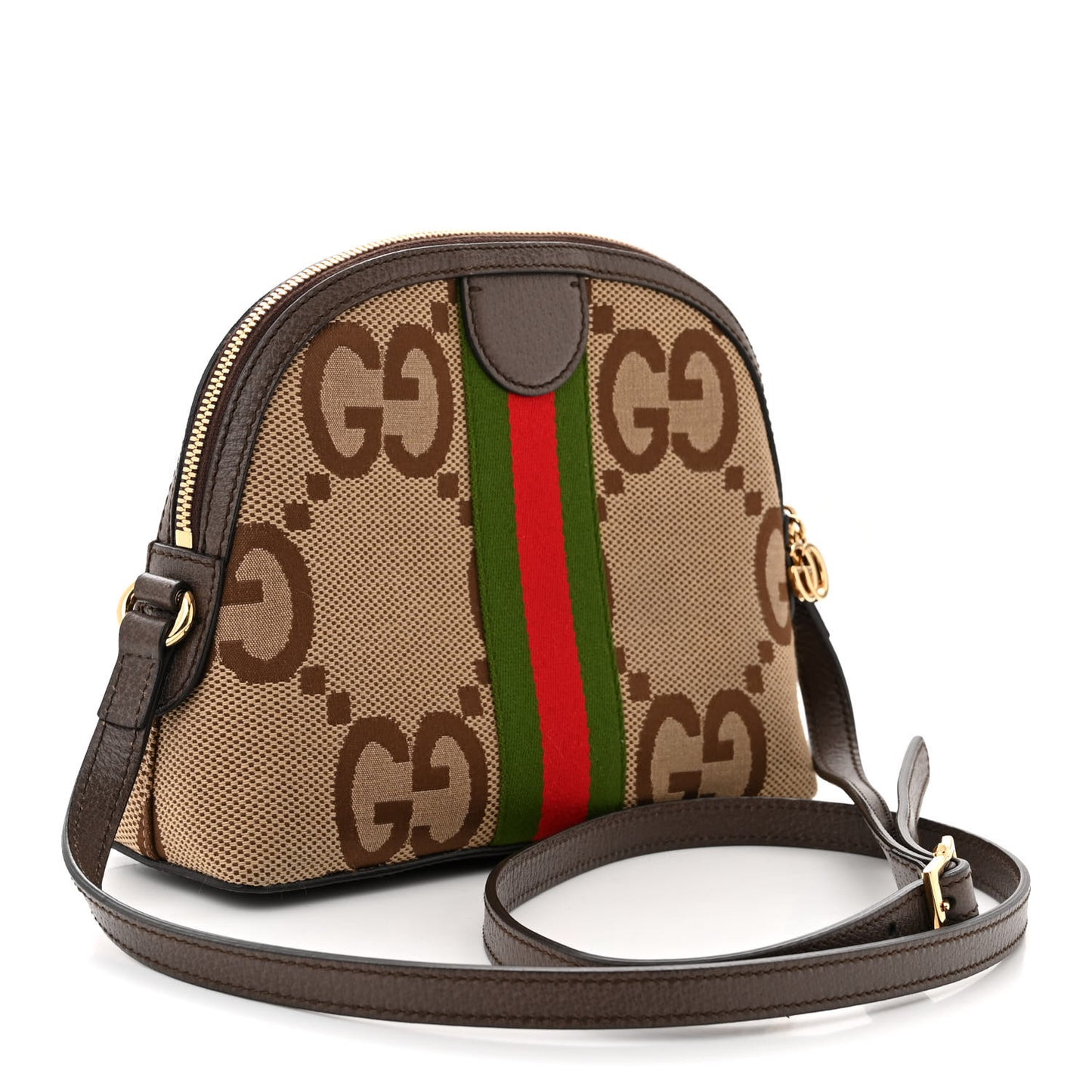 Monogram Jumbo GG Textured Dollar Calfskin Web Small Ophidia Dome Shoulder Bag Camel Ebony New Acero