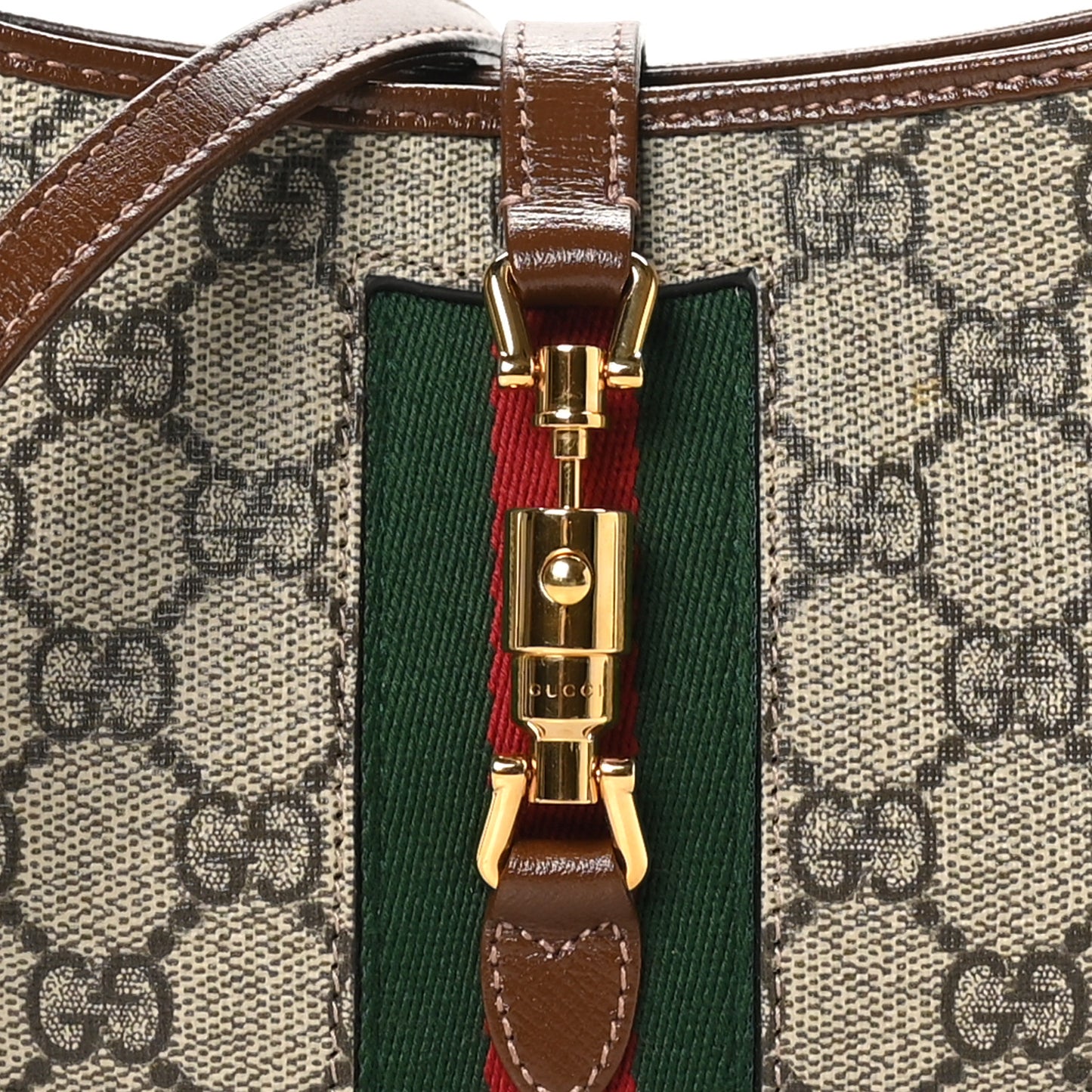GG Supreme Monogram Azalea Calfskin Web Mini Jackie 1961 Hobo Beige Ebony Brown Sugar