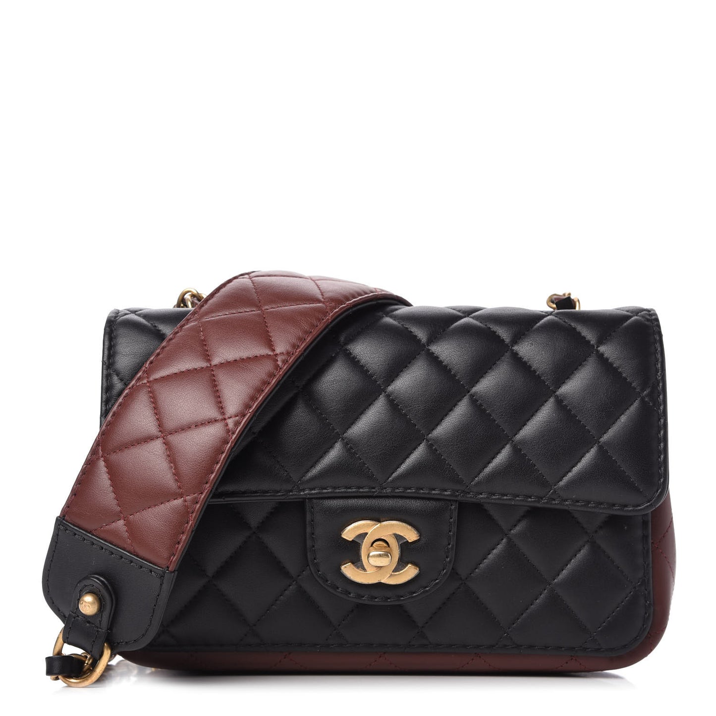 Calfskin Quilted Small Strap Into Flap Bag Black Brown