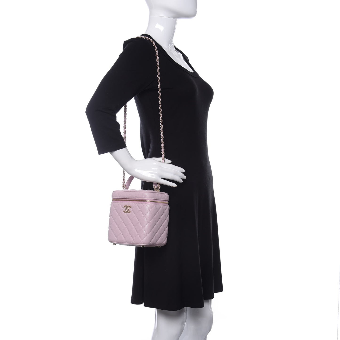 Caviar Quilted Small Top Handle Vanity Case With Chain Light Pink