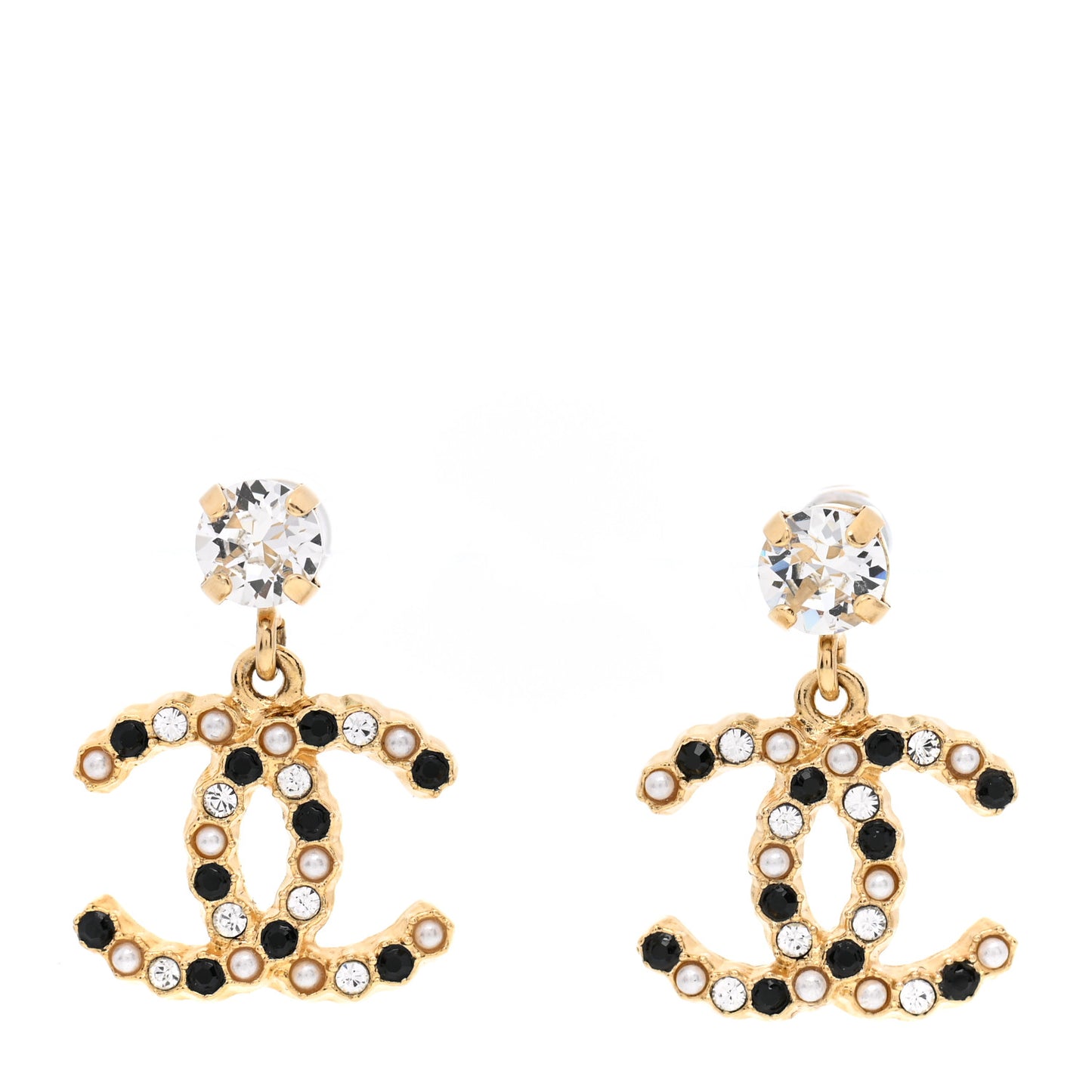 Resin Crystal Pearl CC Drop Earrings Gold Black