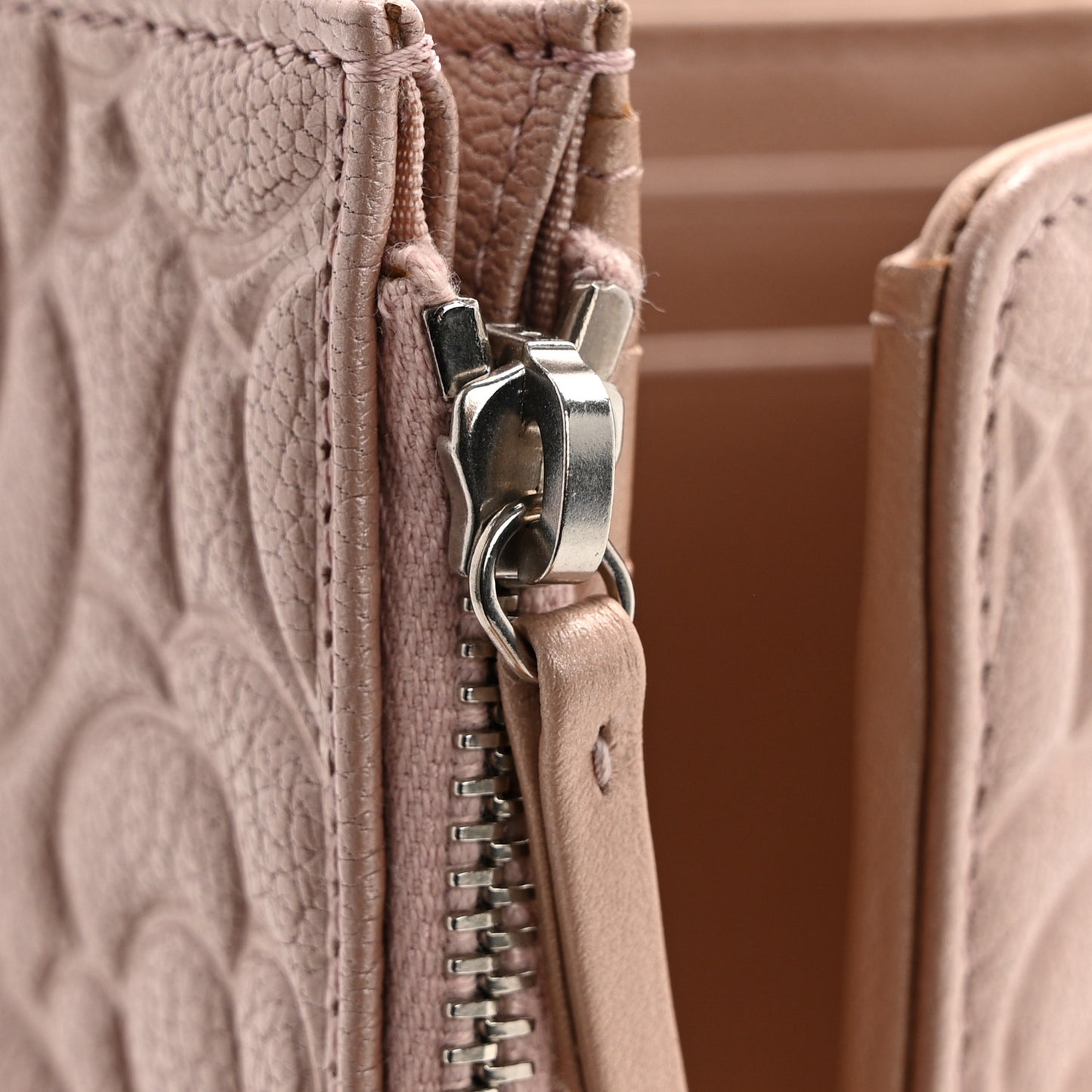 Goatskin Camellia Embossed Compact Wallet Pink