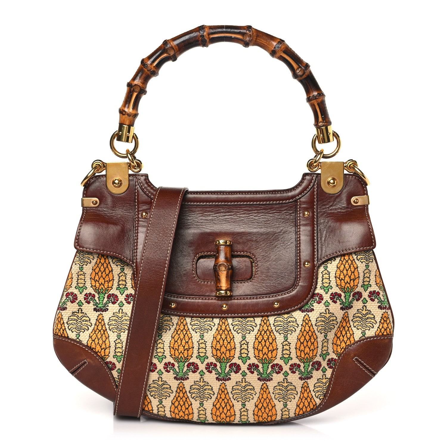 Gucci Canvas Pigna Print Peggy Bamboo Top Handle Bag Brown 1 of 9