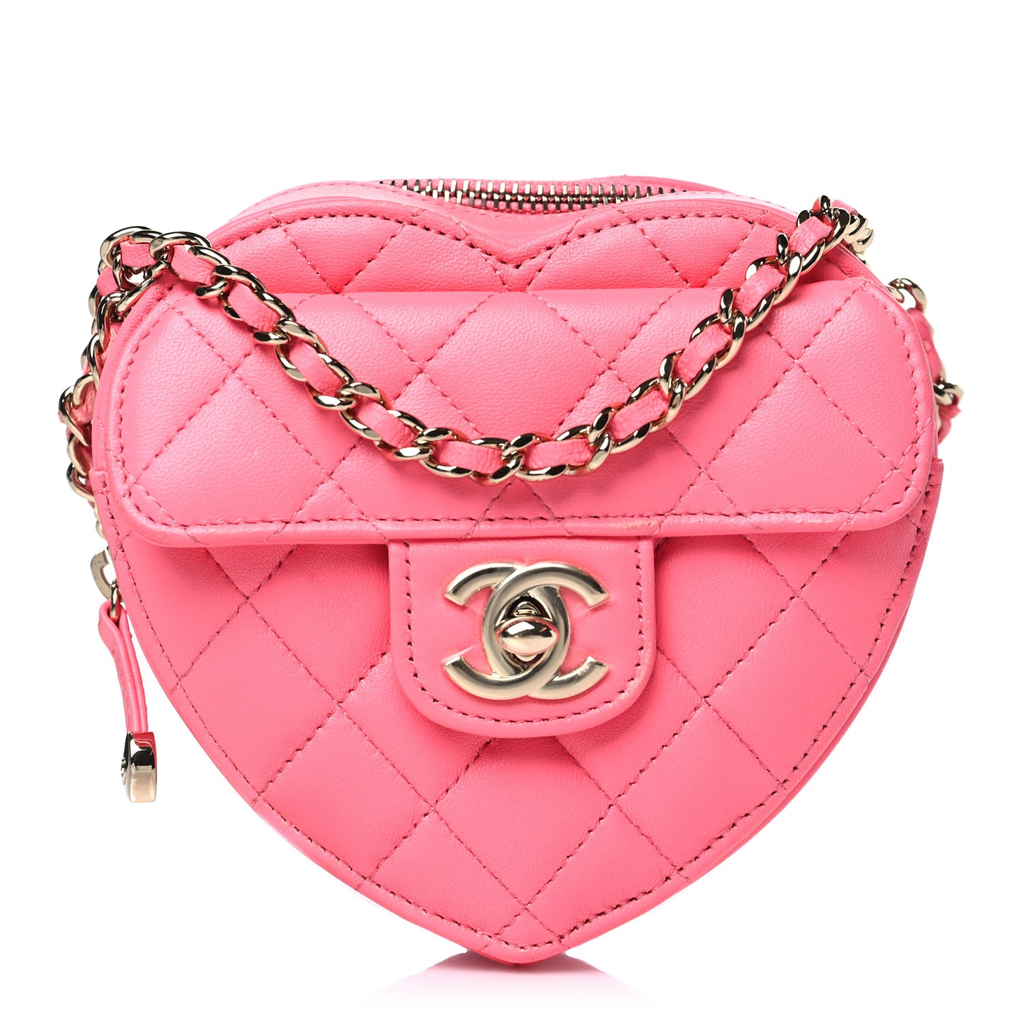 Lambskin Quilted CC In Love Heart Clutch With Chain Pink