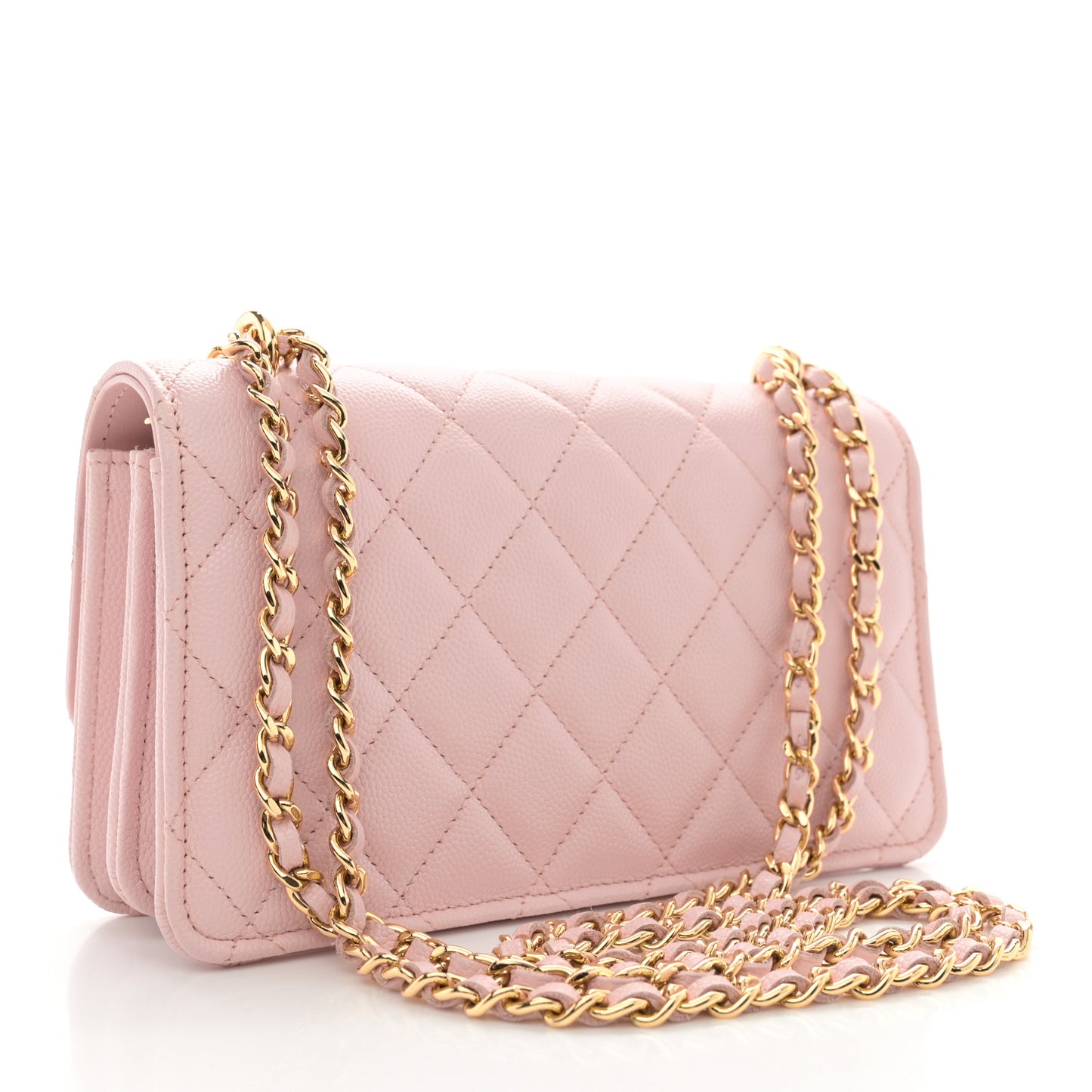 Shiny Caviar Quilted Flap Charm Wallet On Chain WOC Light Pink