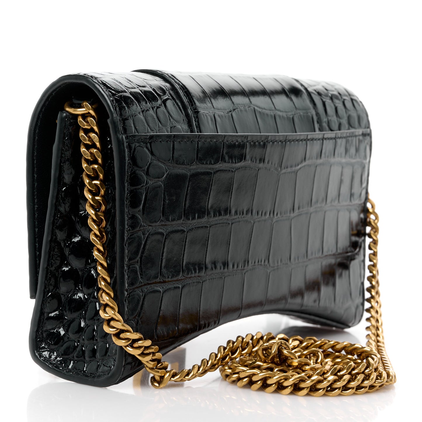 Shiny Calfskin Crocodile Embossed Hourglass Chain Bag Black