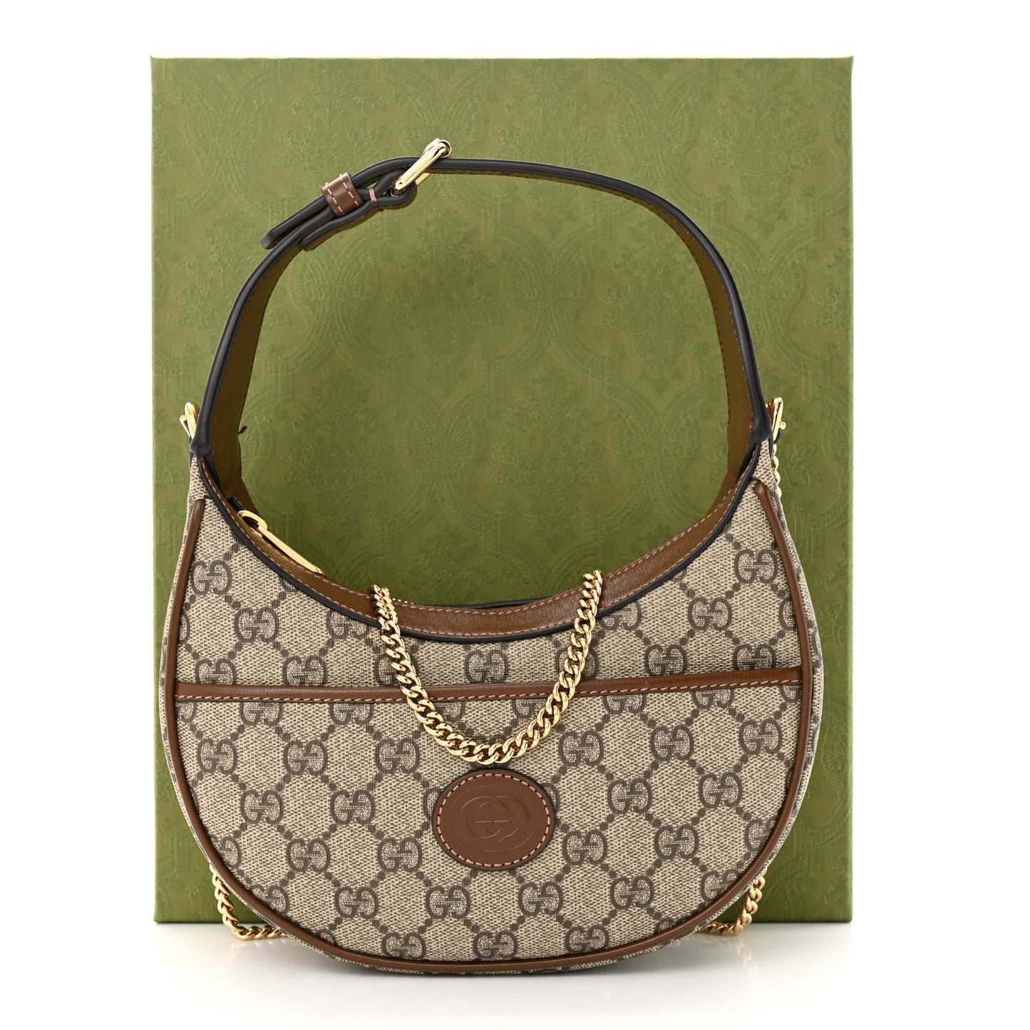 GG Supreme Monogram Azalea Calfskin Mini Retro Interlocking G Half Moon Bag Beige Ebony Brown Sugar