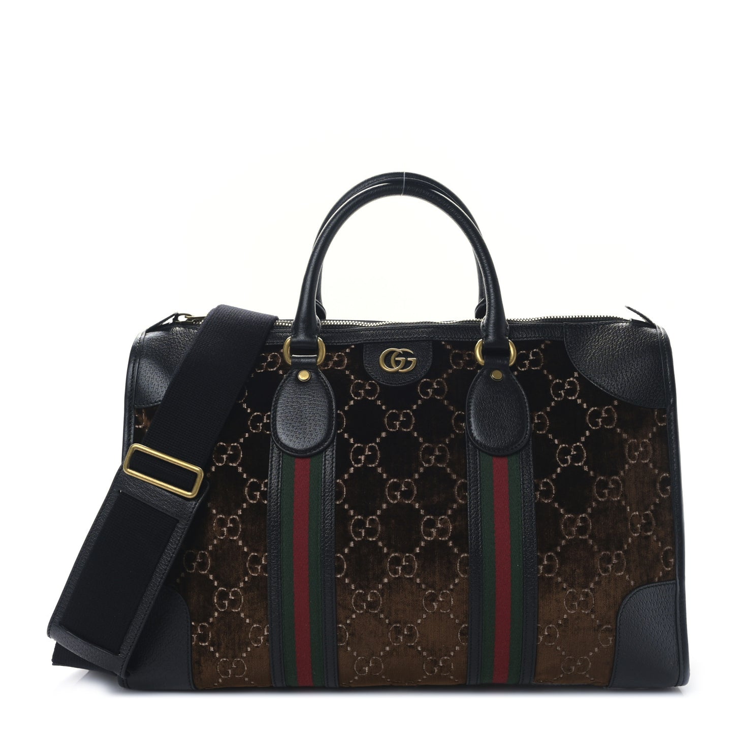 Velvet GG Monogram Textured Calfskin Web Medium Duffle Bag Brown Black