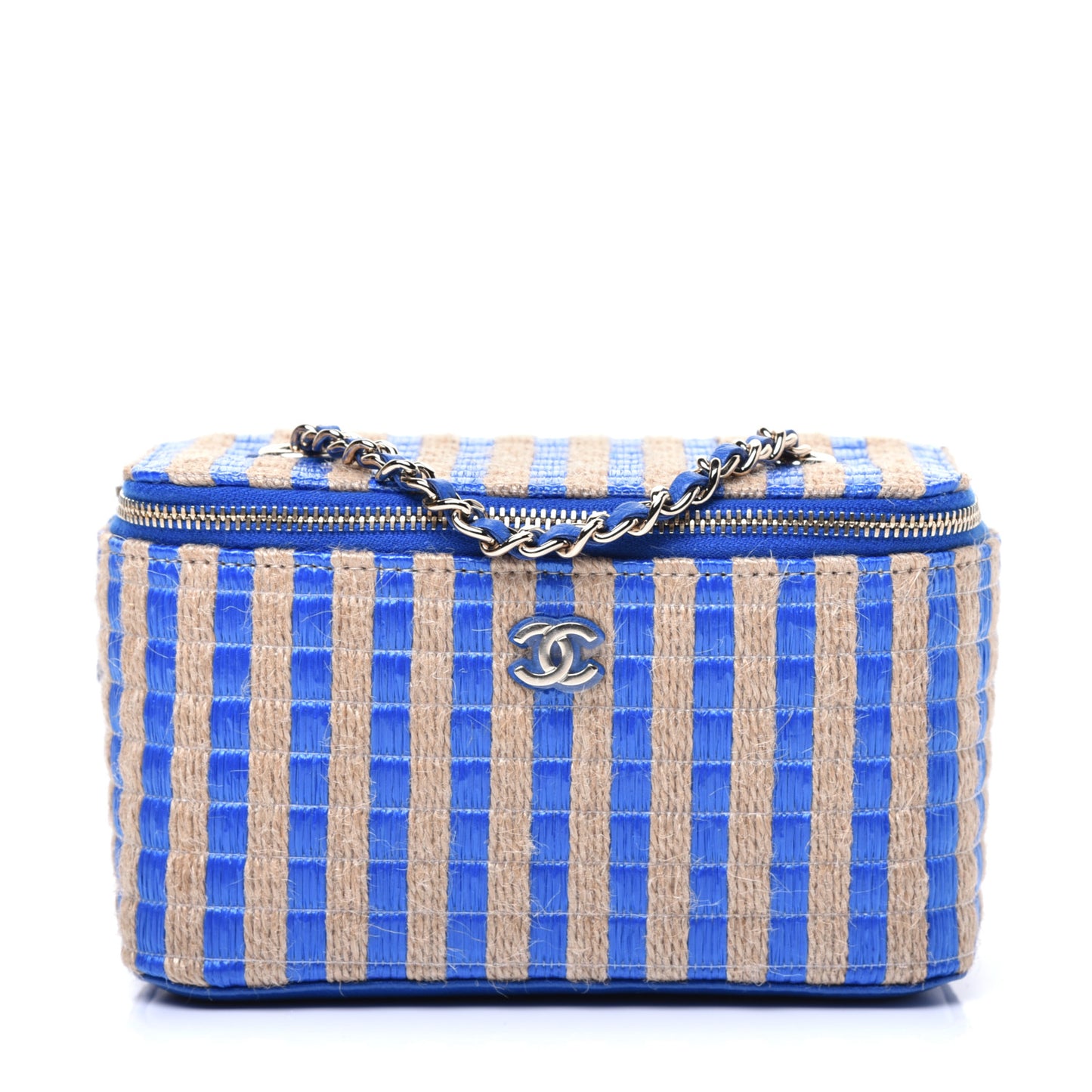 Raffia Jute Striped Small Vanity Case With Chain Blue Beige