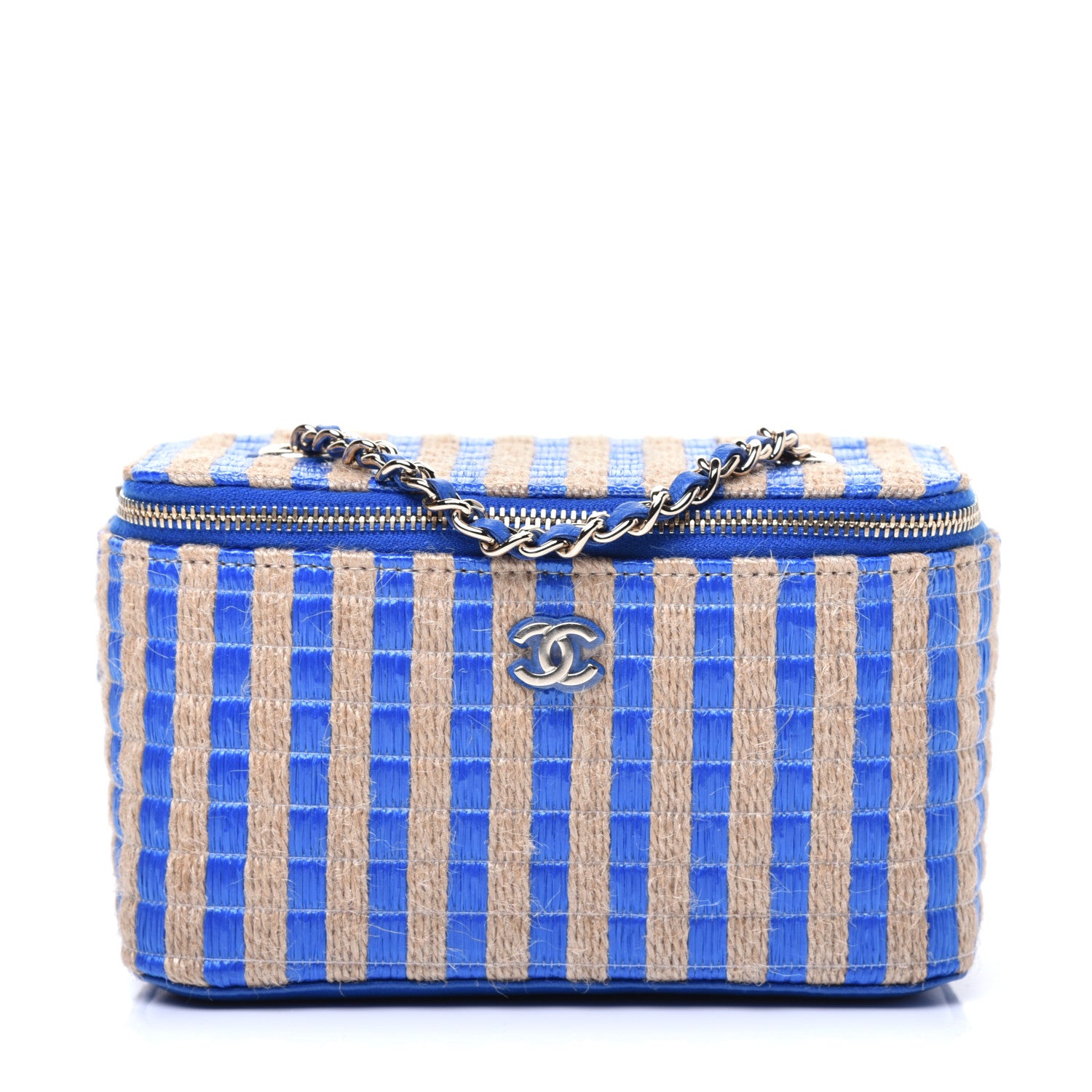 Chanel Raffia Jute Striped Small Vanity Case With Chain Blue Beige 1 of 10