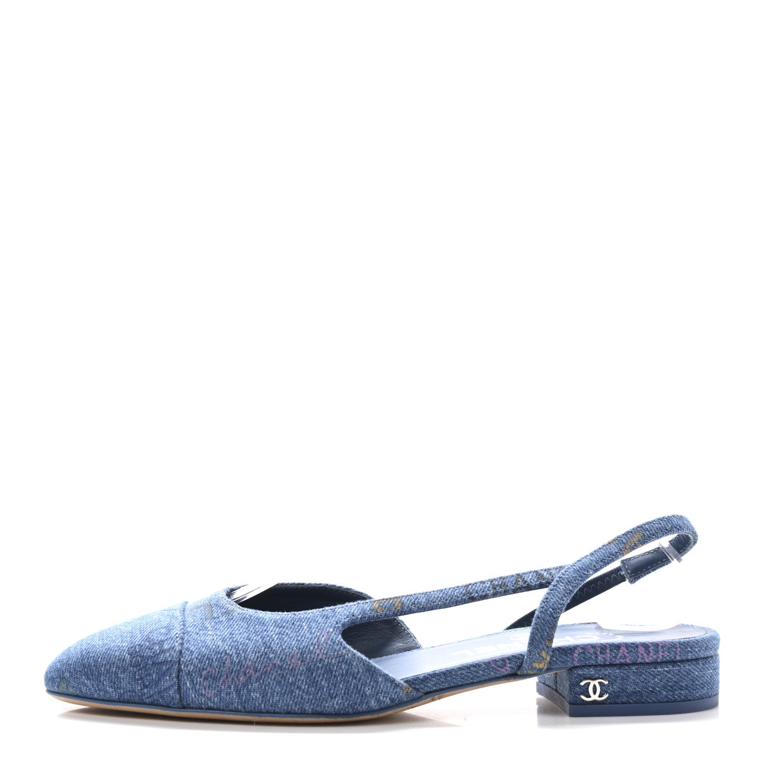 Chanel Denim Printed Denim Mood Cap Toe CC Slingback Flats