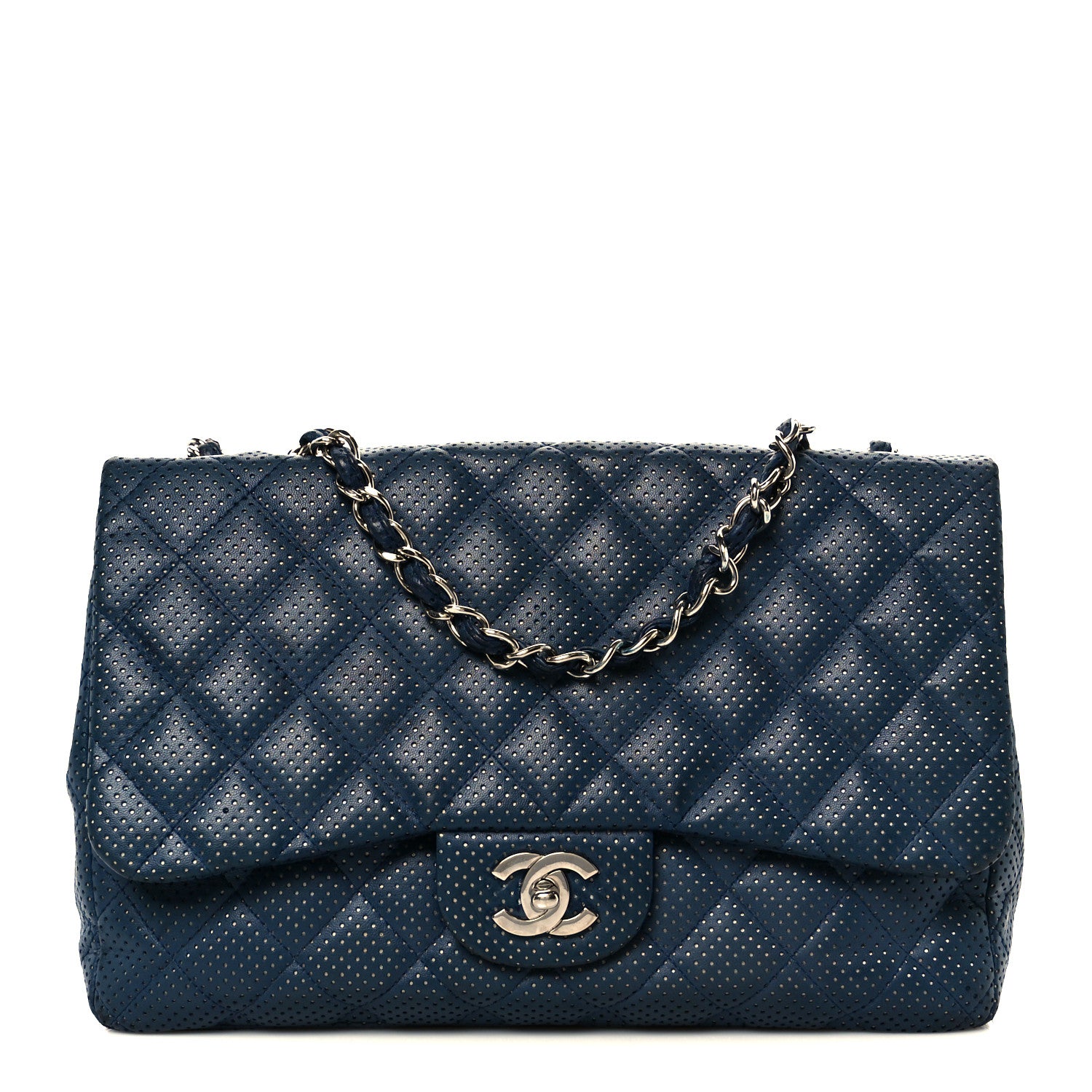 CHANEL Chanel Lambskin Perforated Jumbo Double Flap Blue 1781104