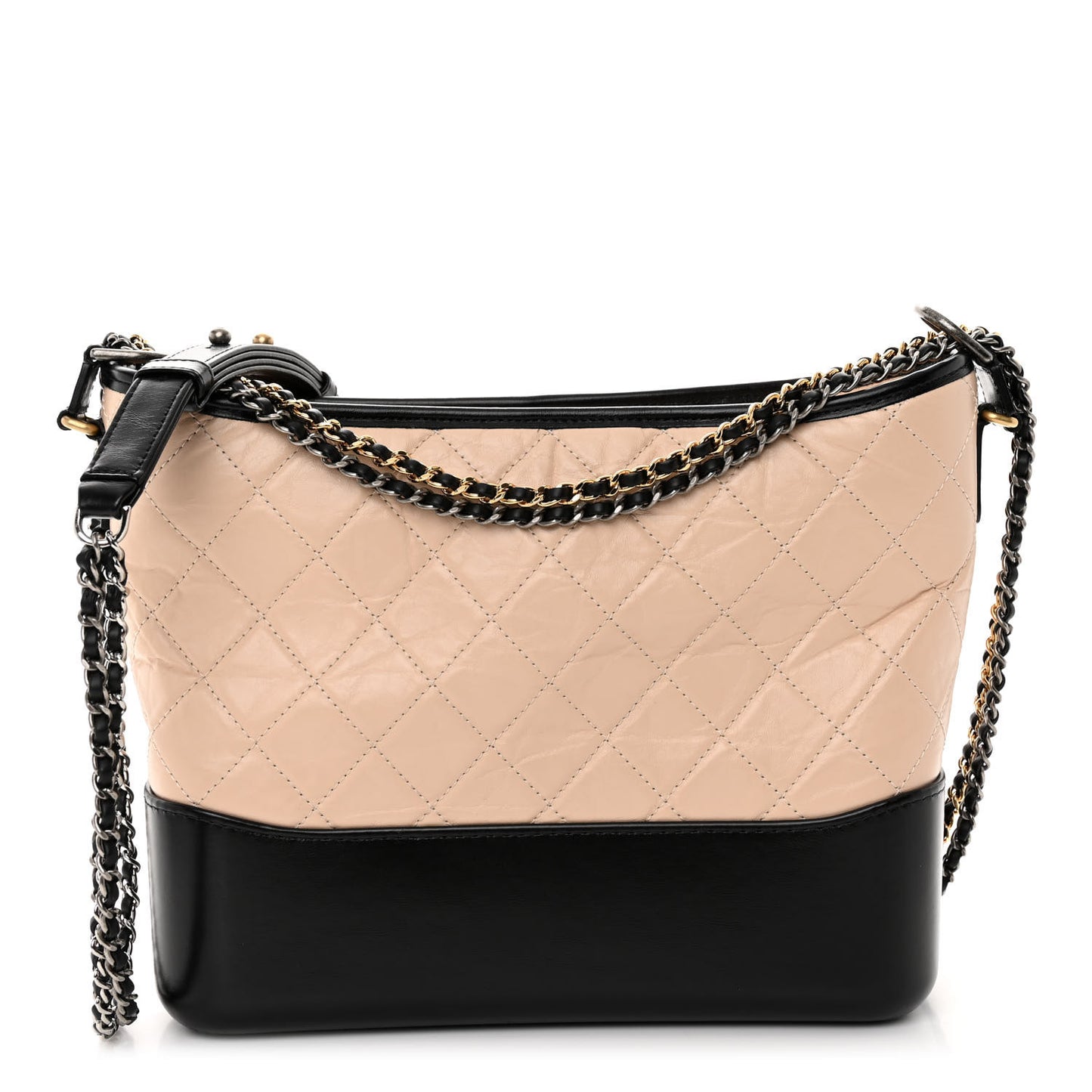 Aged Calfskin Quilted Medium Gabrielle Hobo Beige Black