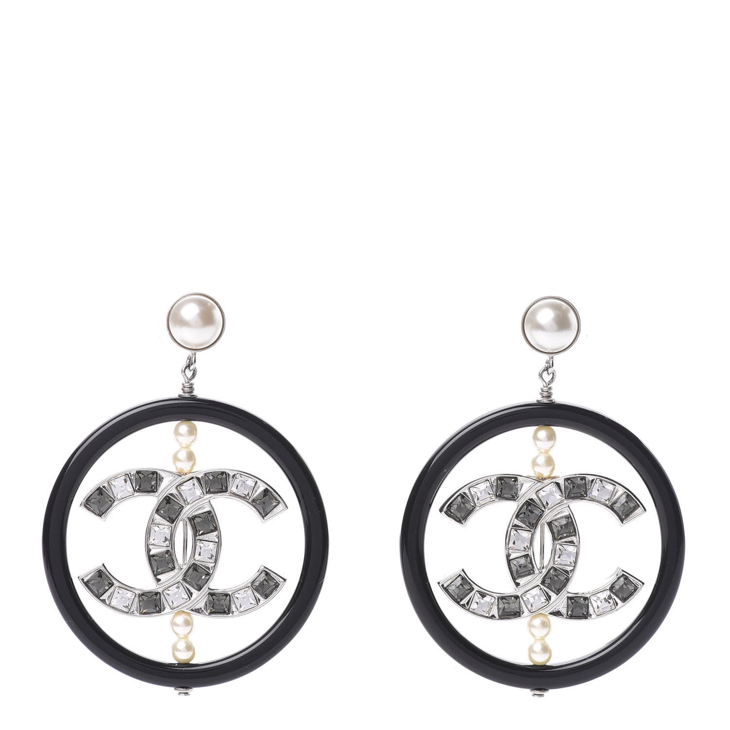 Resin Baguette Crystal Pearl CC Hoop Earrings Black White Grey