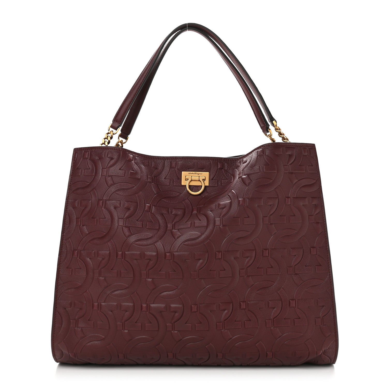 Salvatore Ferragamo Calfskin Gancini Embossed Trifolio Tote Bag Burgundy 3 of 11