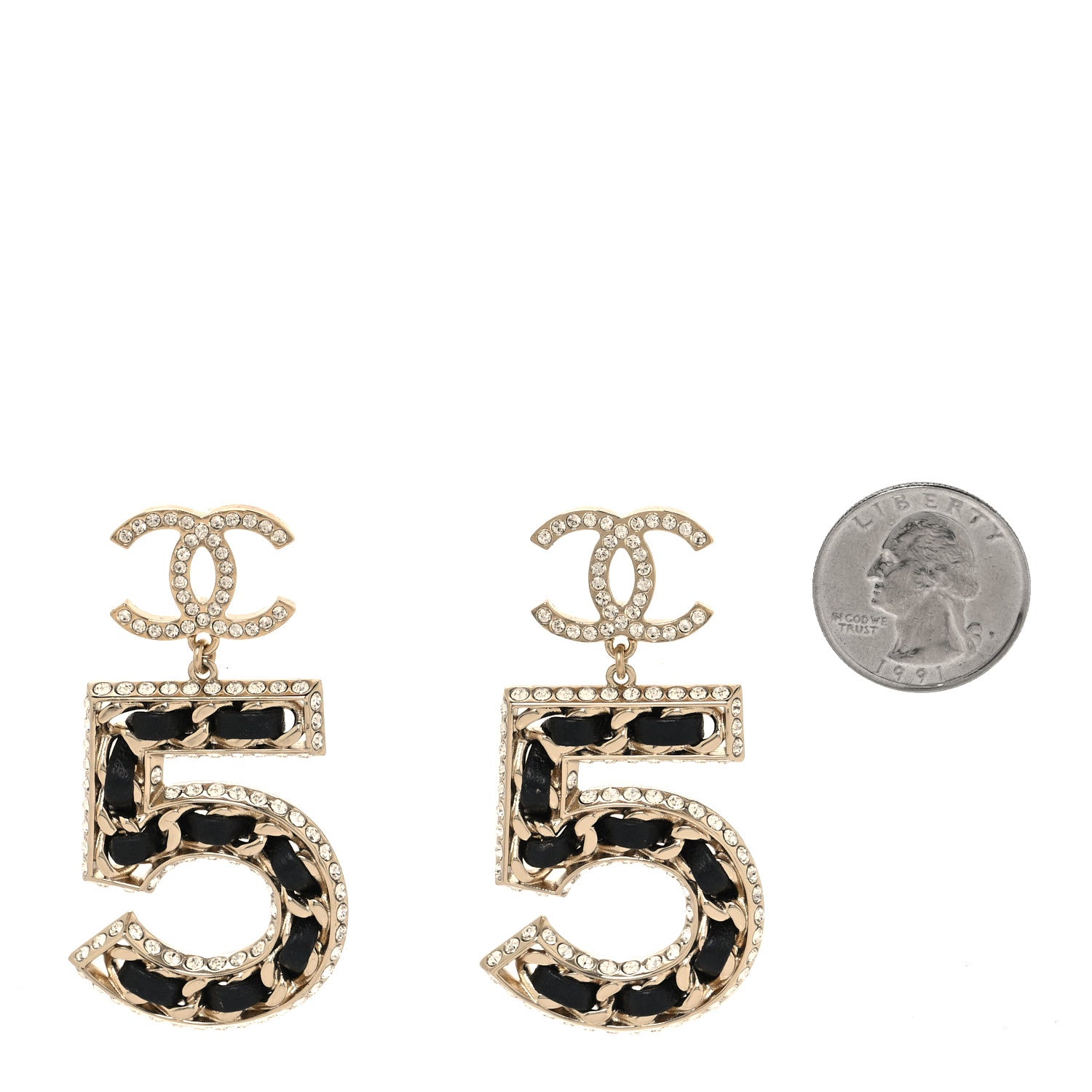 Chanel Crystal Lambskin Chain CC No 5 Drop Earrings Gold Black 2 of 5