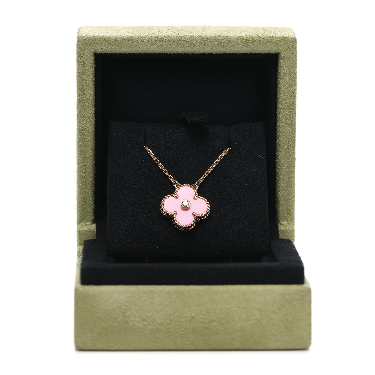 Van Cleef & Arpels 18K Rose Gold Diamond Pink Porcelain Vintage Alhambra Pendant Necklace 9 of 9
