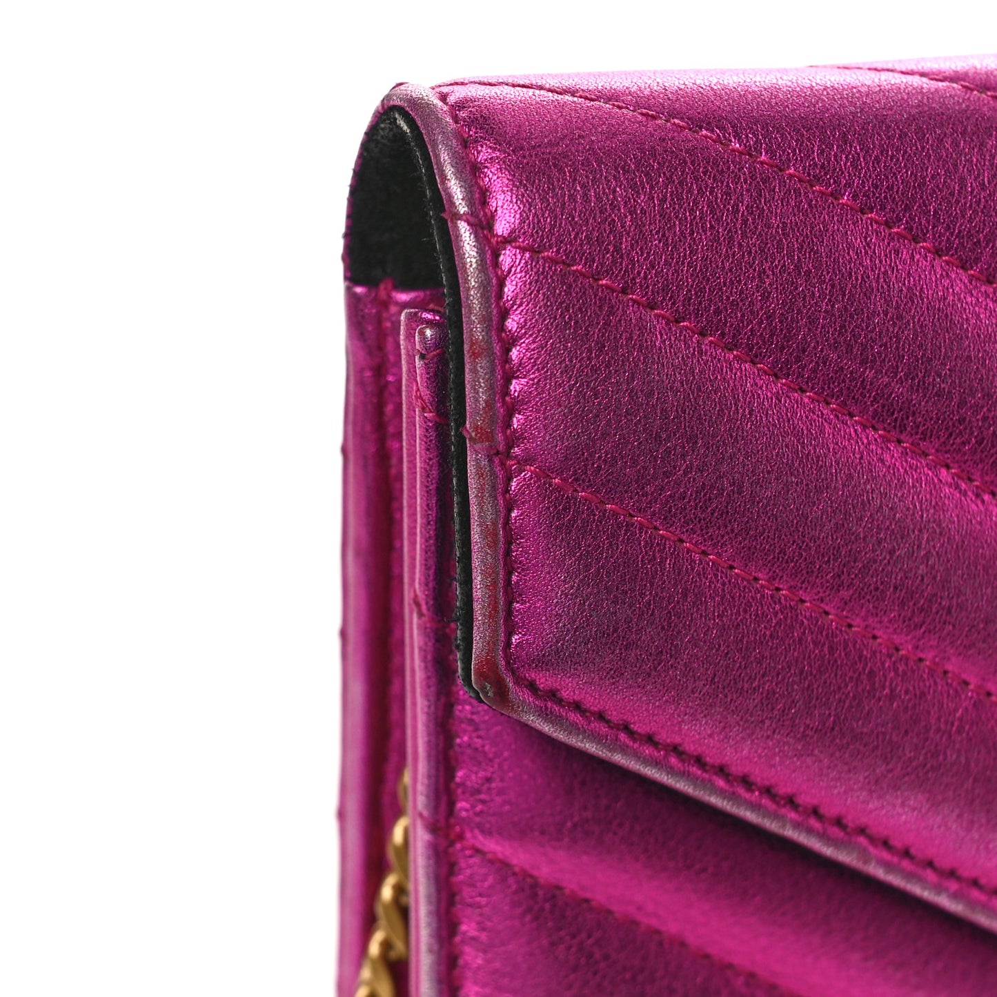 Metallic Calfskin Matelasse Chevron Monogram Envelope Chain Wallet Fuchsia